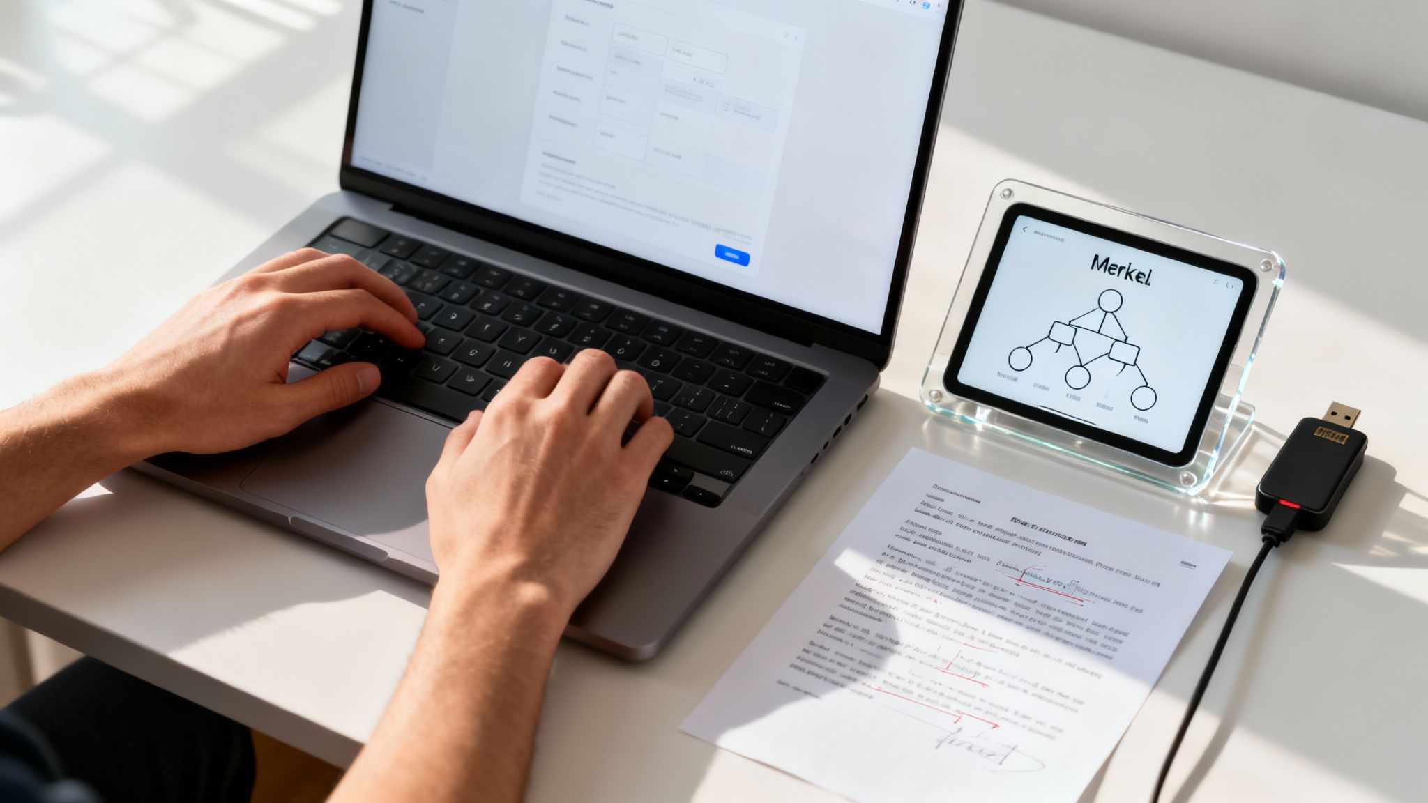 A person types on a laptop, with a tablet displaying a Merkel tree and a USB device on the desk.