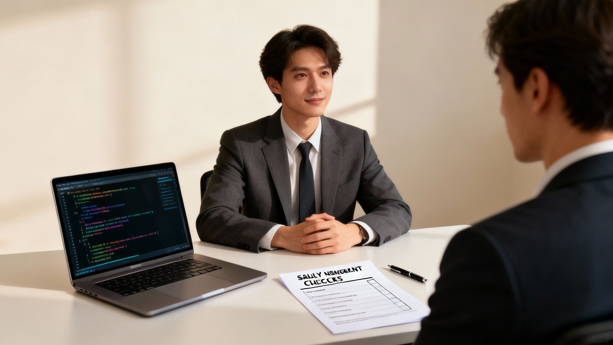 Two professional men, one a programmer, at a table with a laptop and a checklist.