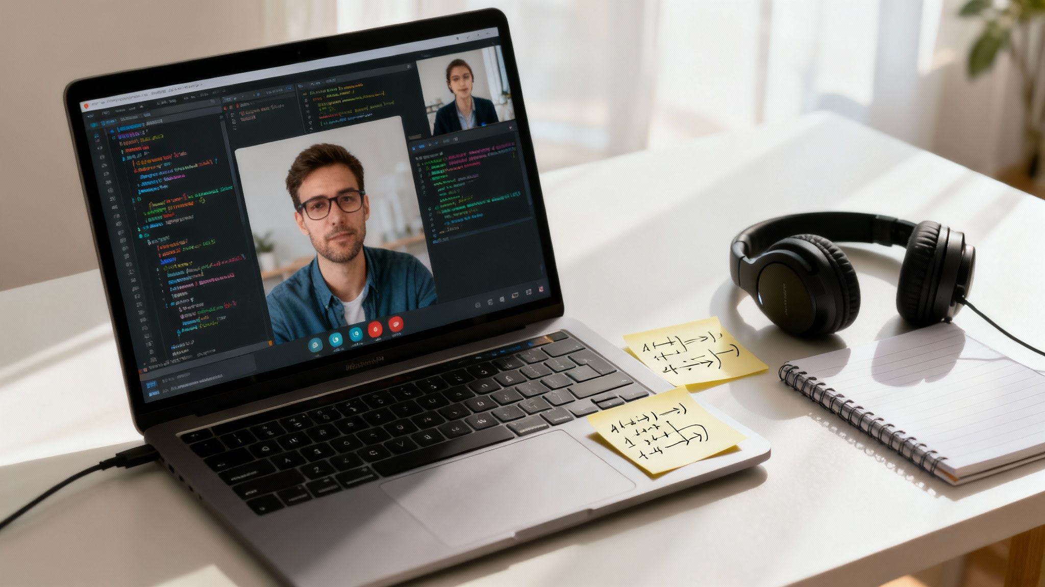 A person confidently engaged in a video call interview on their laptop in a professional home office setting.
