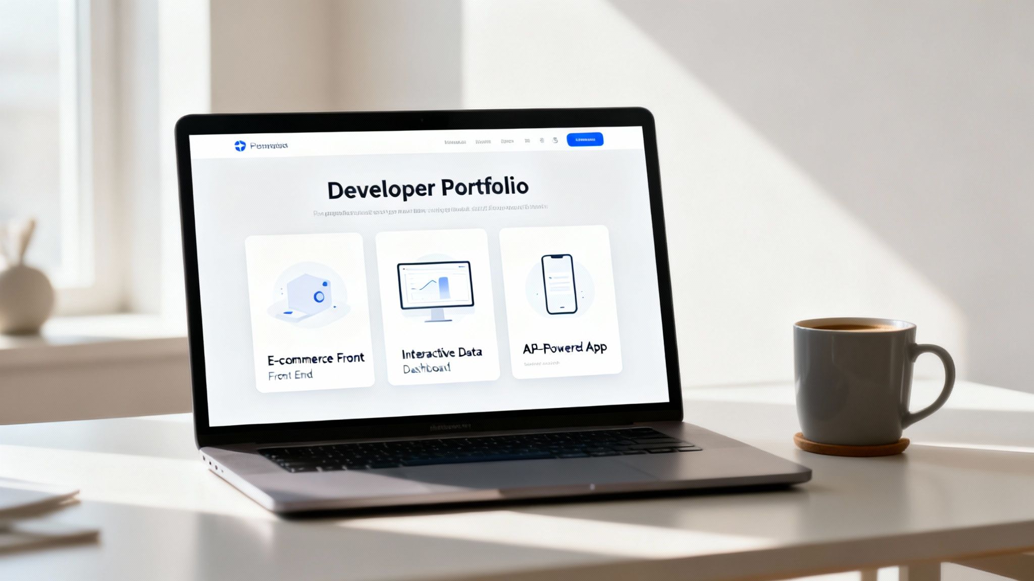 A laptop displays a 'Developer Portfolio' website featuring three project examples on a clean desk.