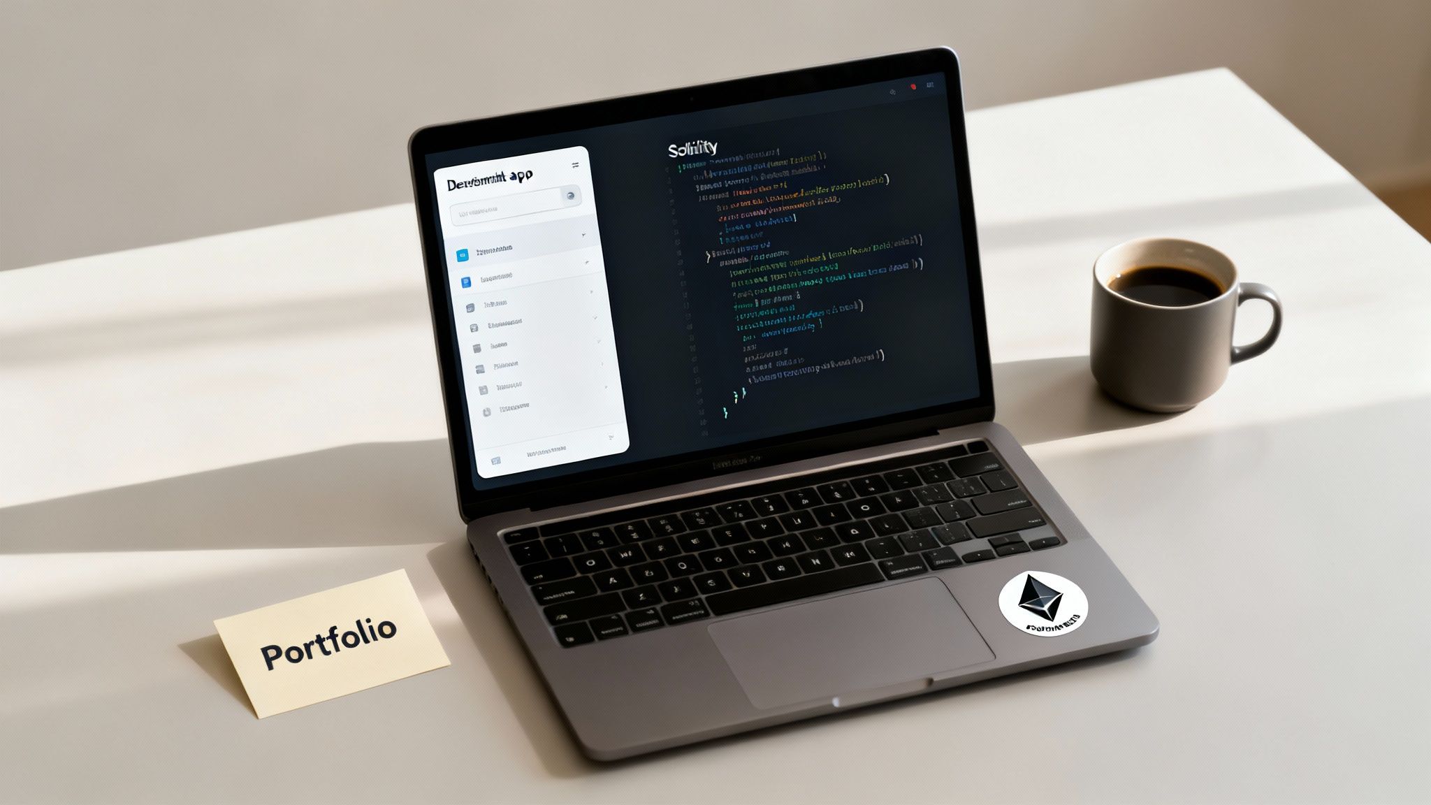 Laptop displaying code and a navigation menu, with a coffee mug and 'Portfolio' note on a desk.
