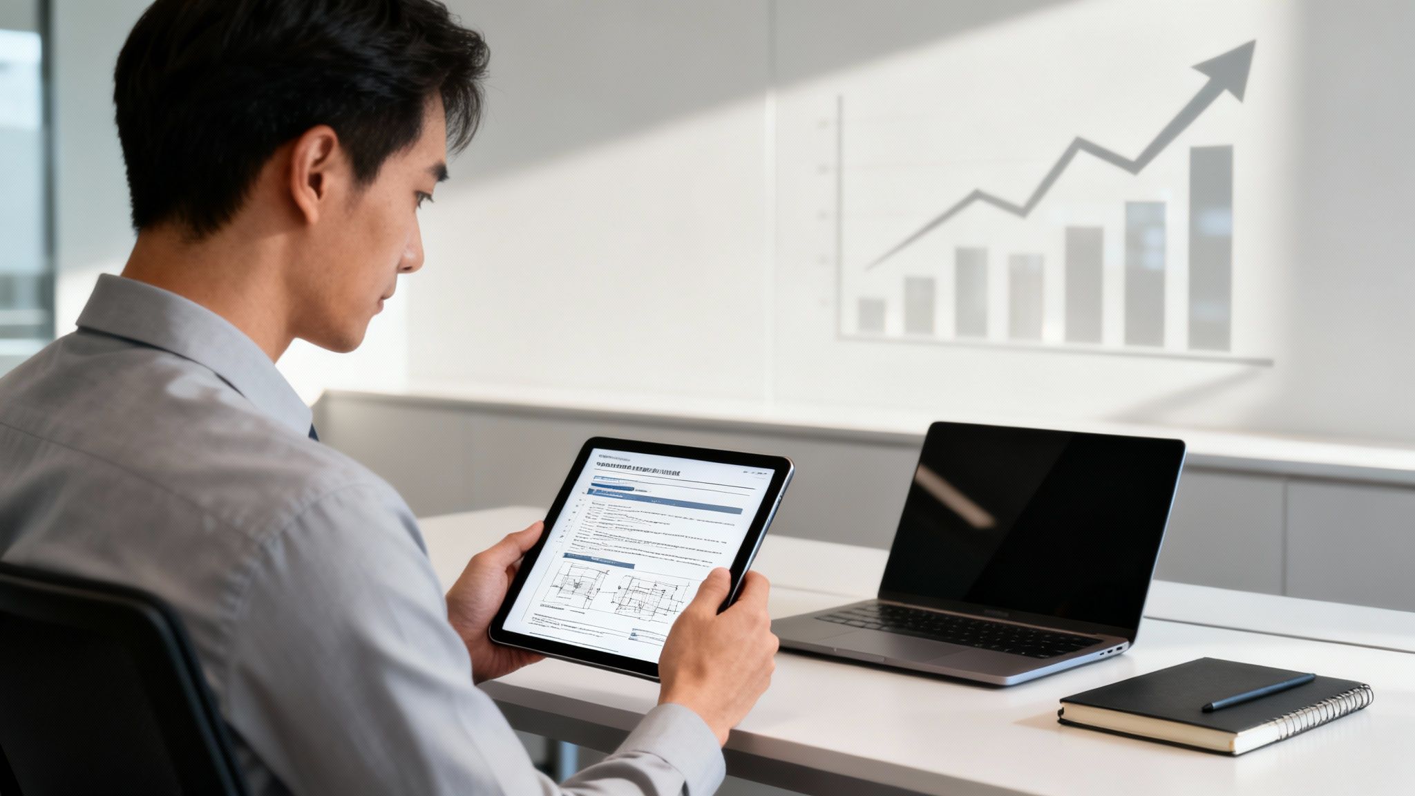 Man reading technical documentation on a tablet, with a laptop and growth chart in background.