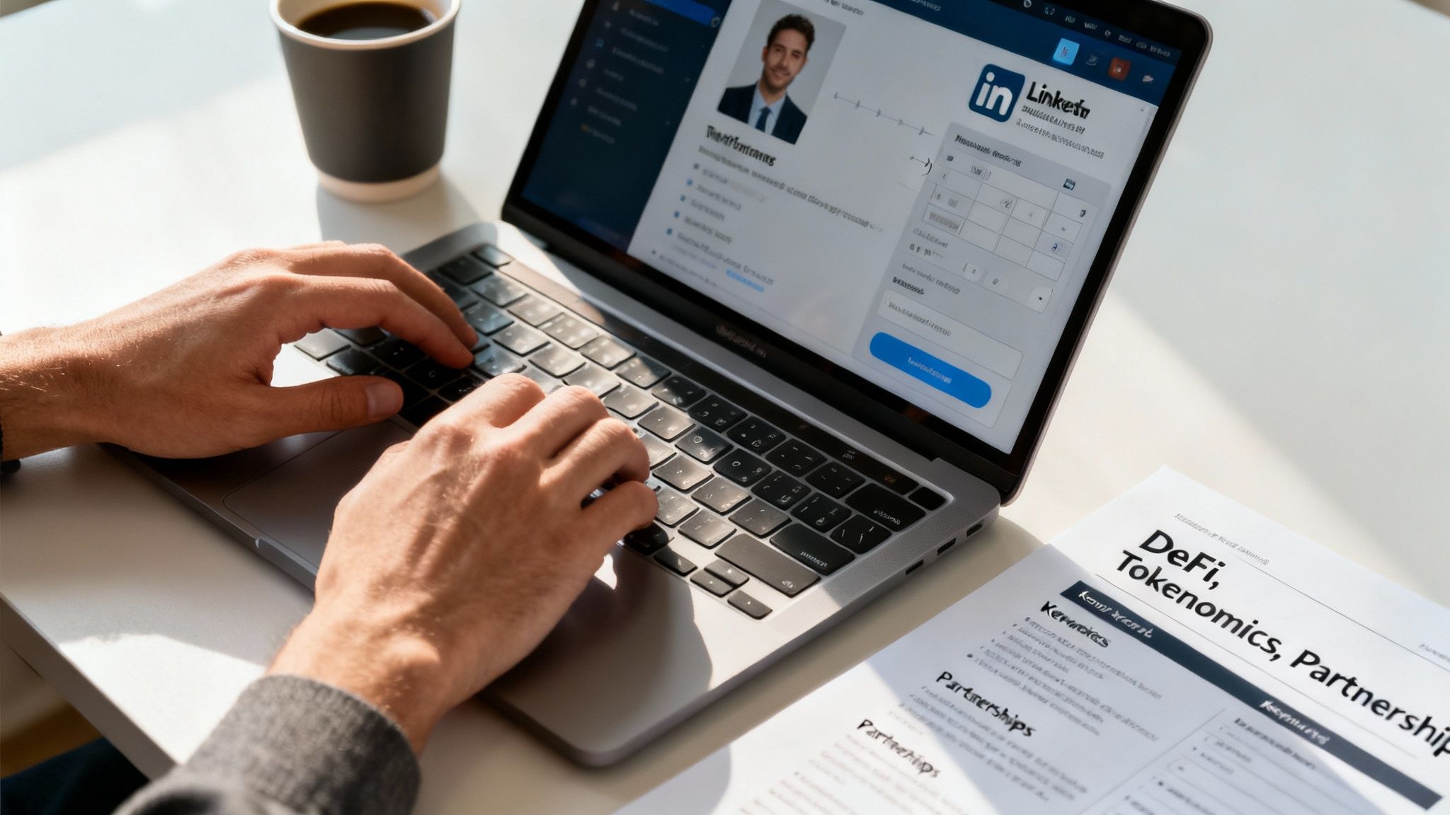 Close-up of hands typing on a laptop showing a LinkedIn profile and a DeFi document on a desk.