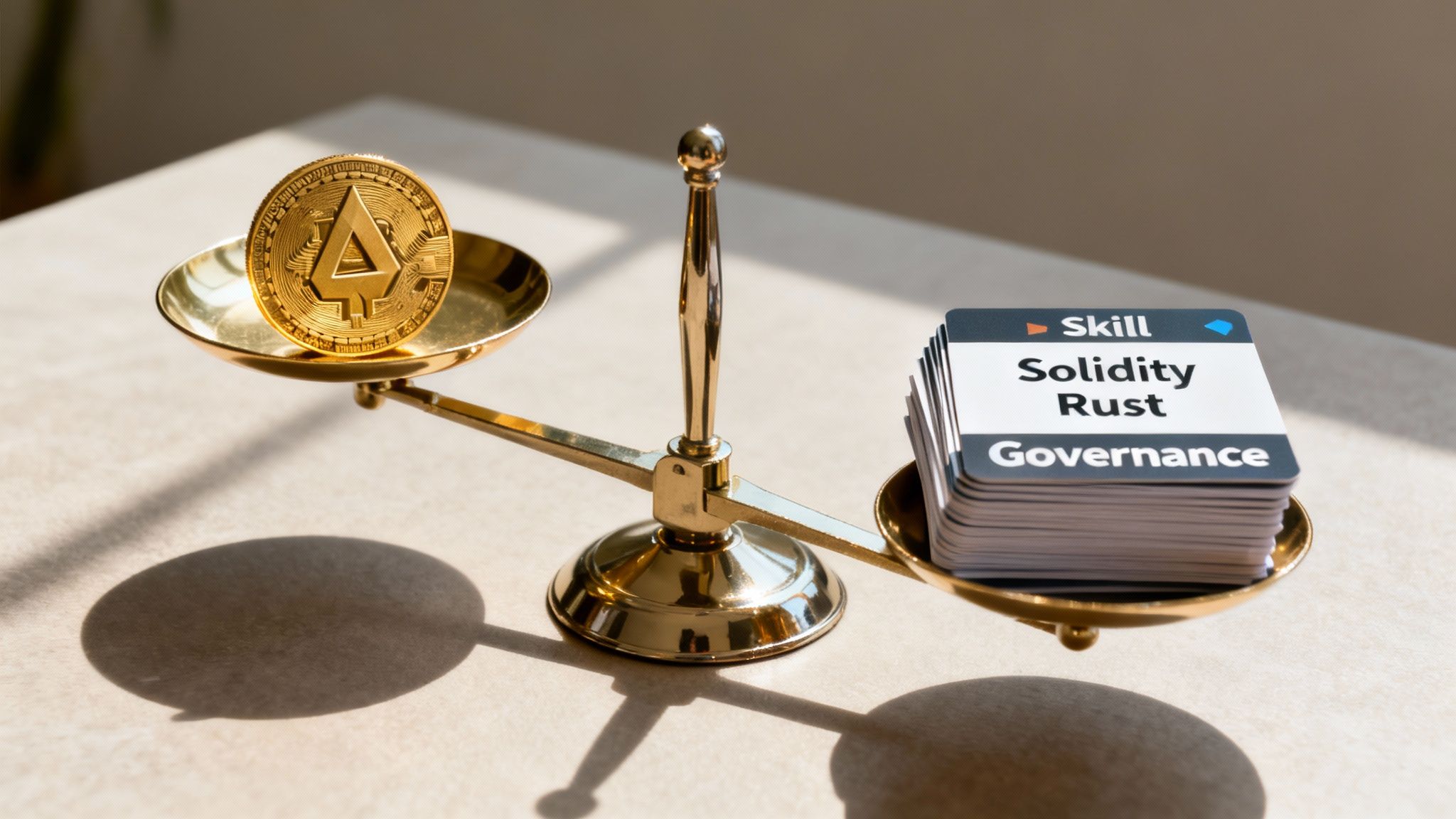 A golden balance scale with a digital asset coin and cards listing a blockchain skills like Solidity and Rust.