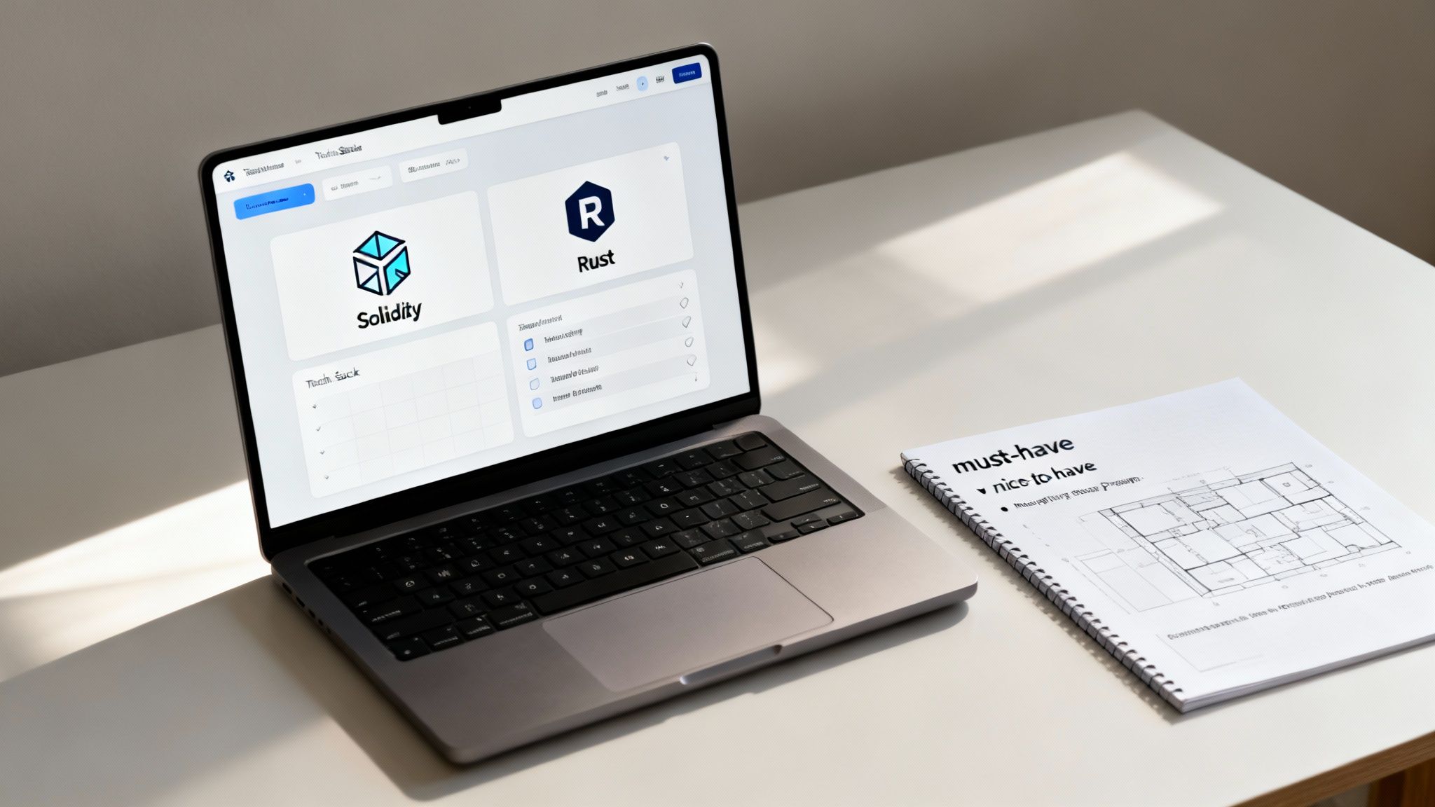 A laptop displaying software development tools like Solidity and Rust, next to a notebook on a desk.