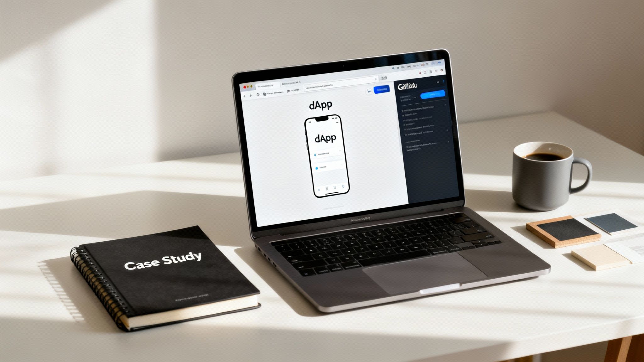 Modern workspace with a laptop showing a dApp, a 'Case Study' notebook, and a coffee mug.