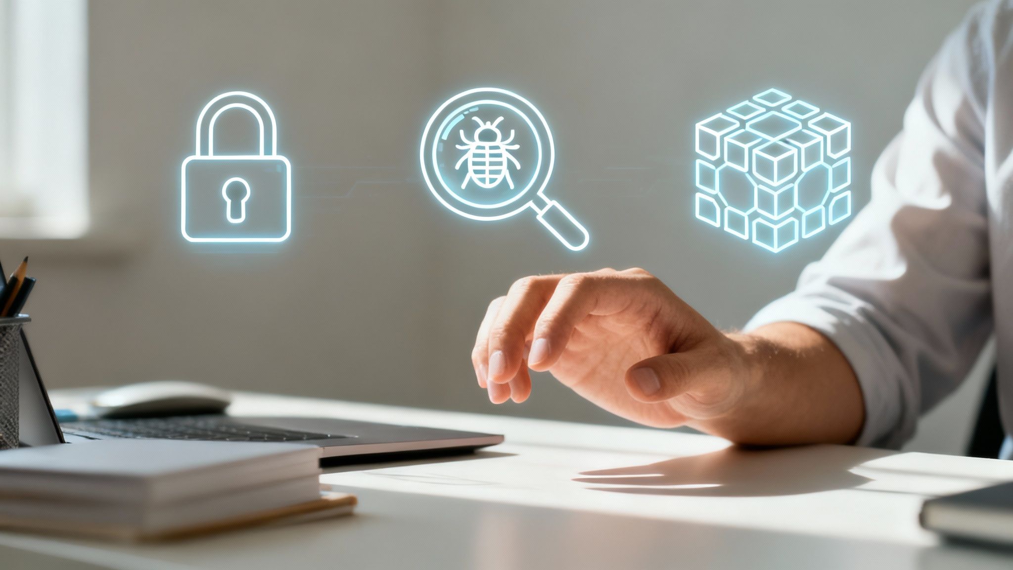 A hand resting on a desk with a laptop, displaying glowing digital icons for security, bug hunting, and data.