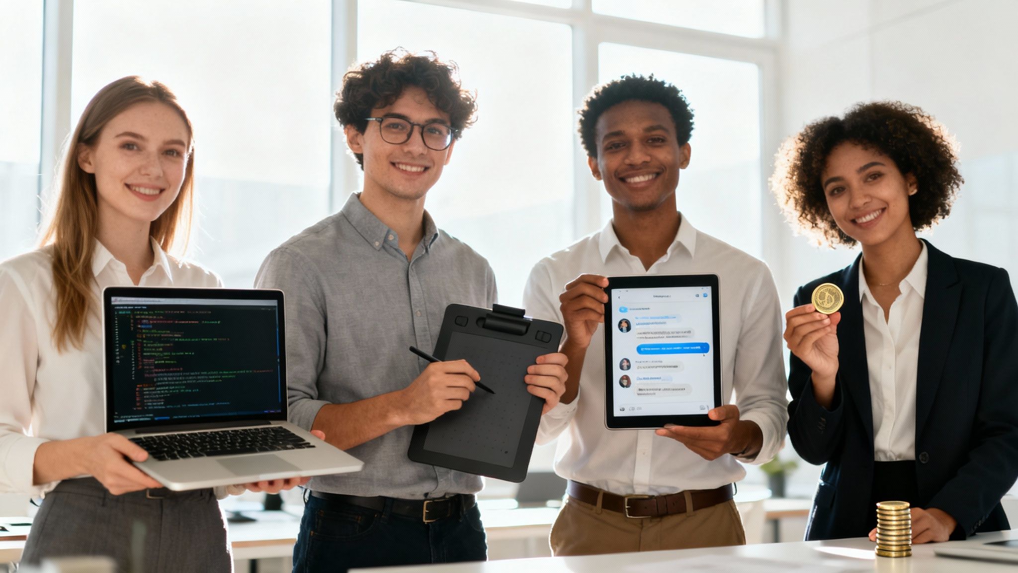 Diverse team of young professionals smiling, holding tech gadgets and a gold coin.