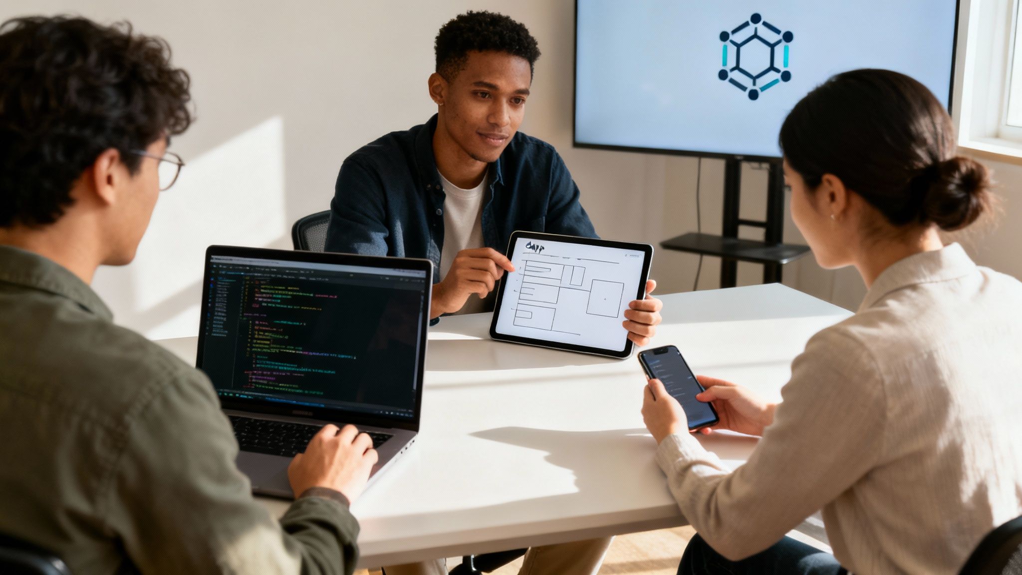 Diverse tech team collaborating on web development, with one showing a wireframe on a tablet.