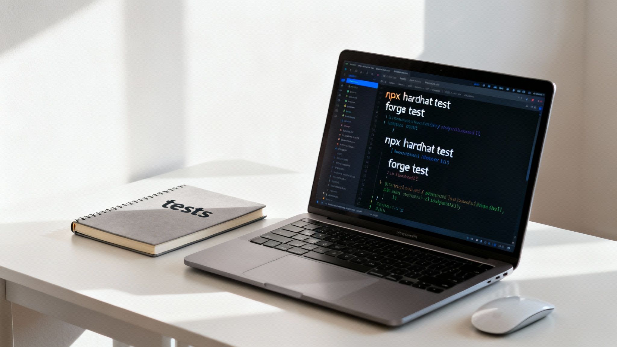 A laptop showing blockchain testing code with a 'tests' notebook and a mouse on a sunlit desk.
