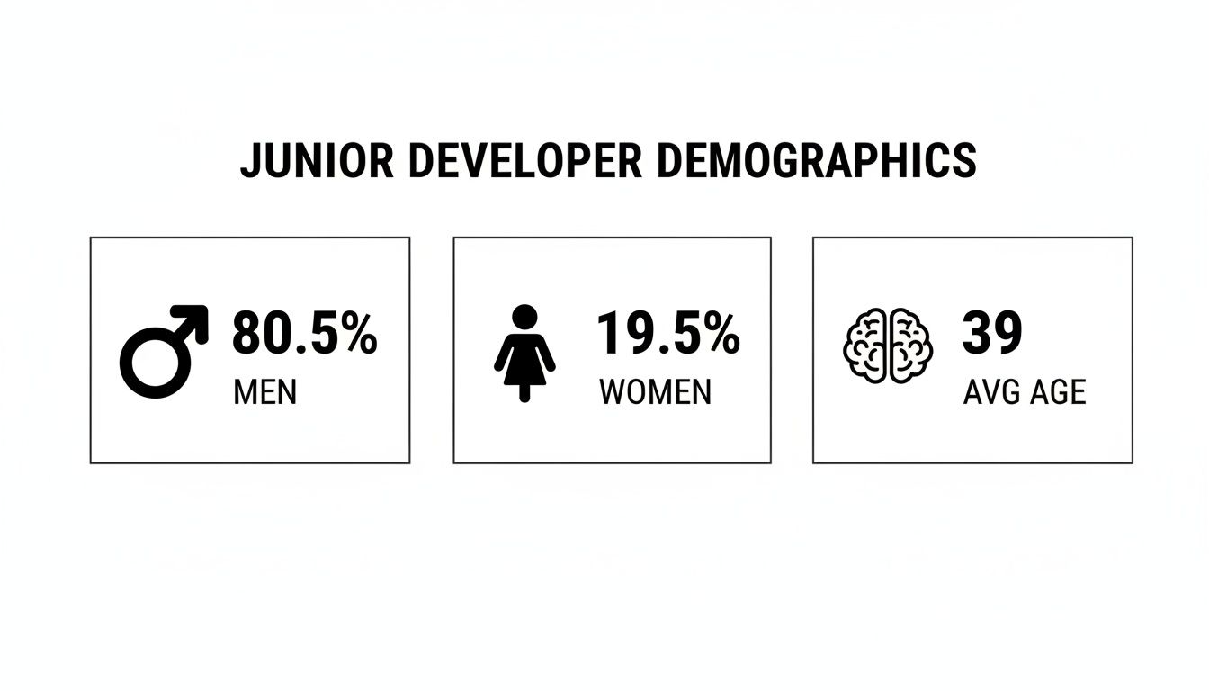 Demographics of junior developers showing gender distribution (80.5% men, 19.5% women) and an average age of 39.
