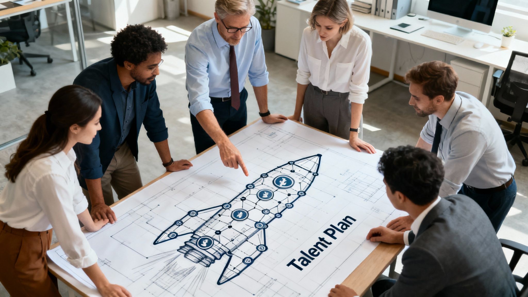 Diverse professionals collaborating on a large 'Talent Plan' blueprint with a rocket design.