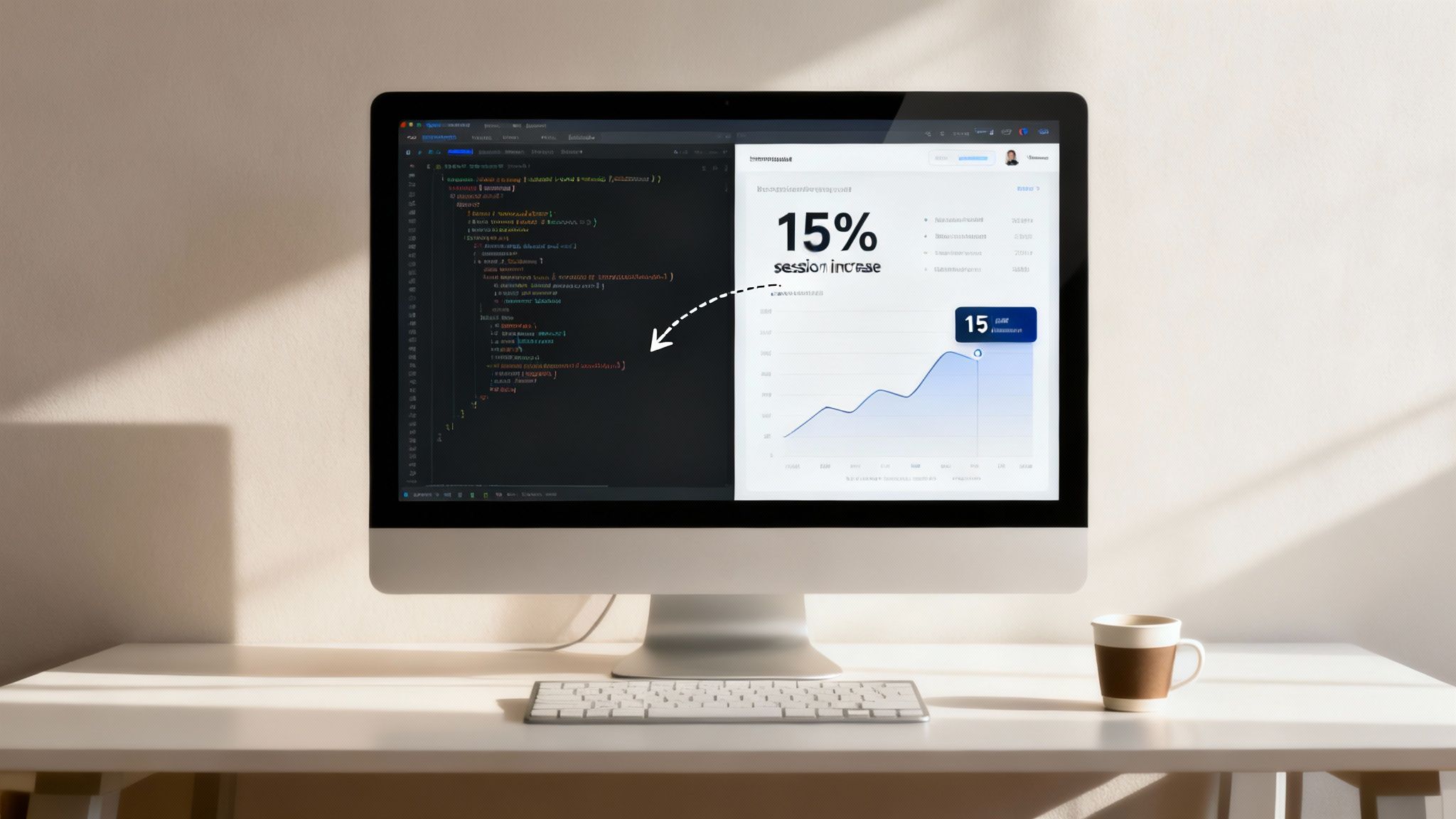 Modern desk setup with a computer displaying programming code and a data analytics graph.