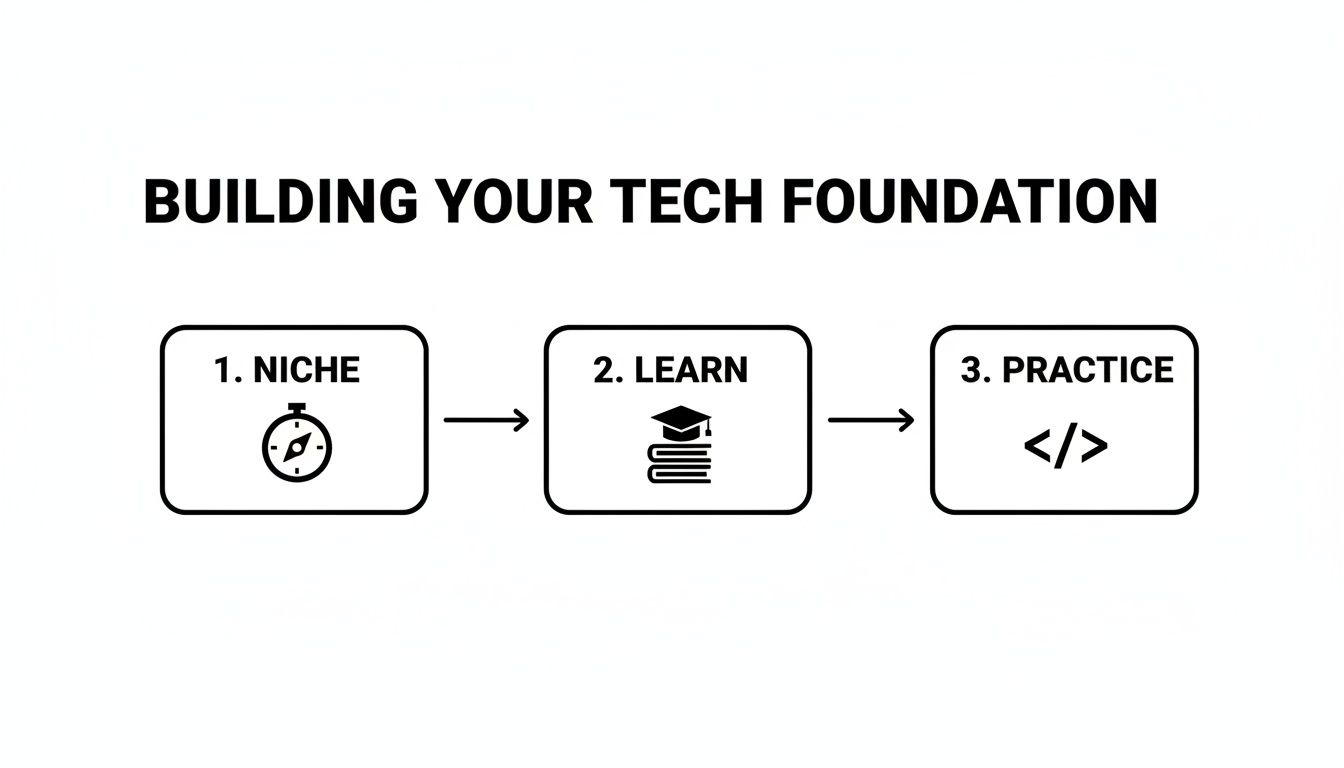 Flowchart showing three steps to build a tech foundation: Niche, Learn, and Practice.