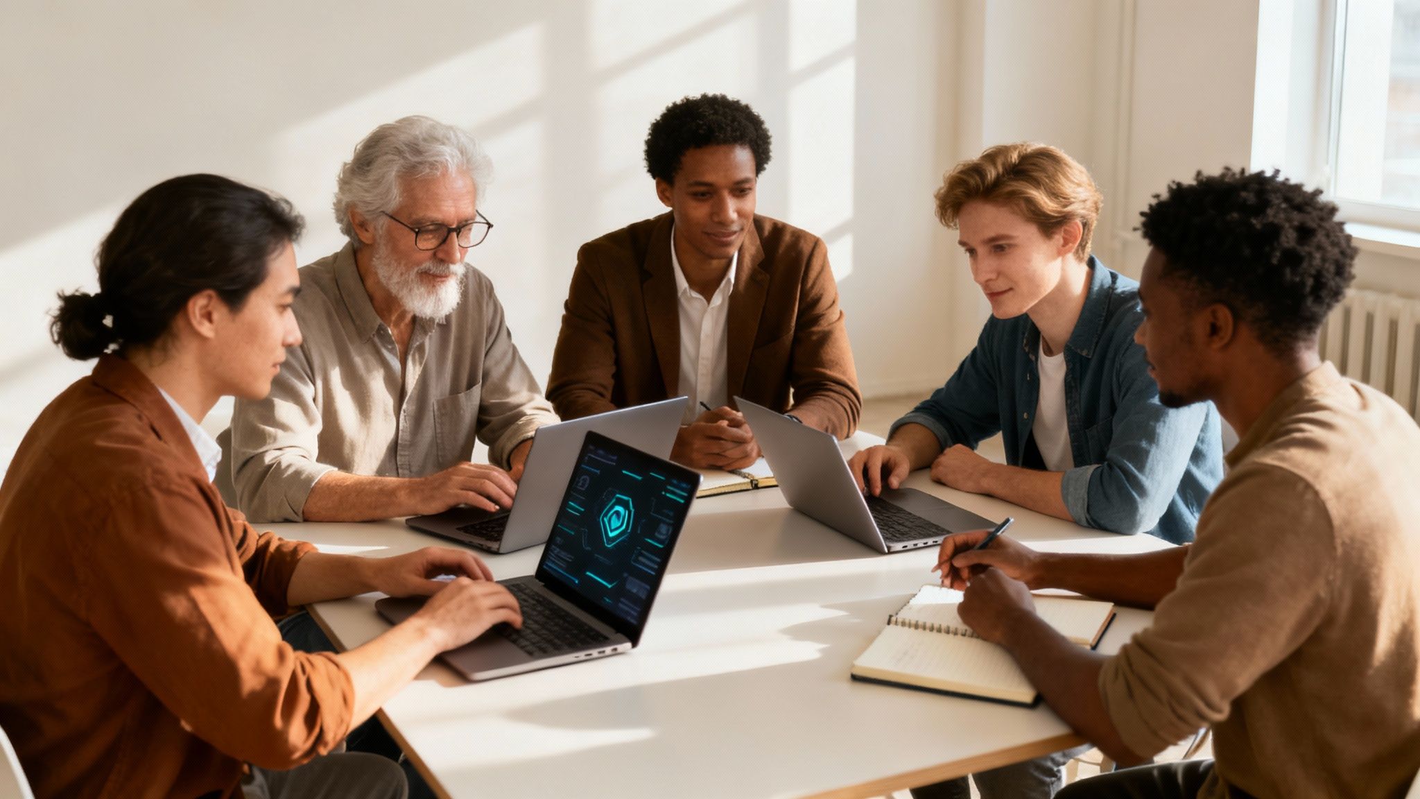 Diverse group of five men collaborating around a table with laptops in an office.