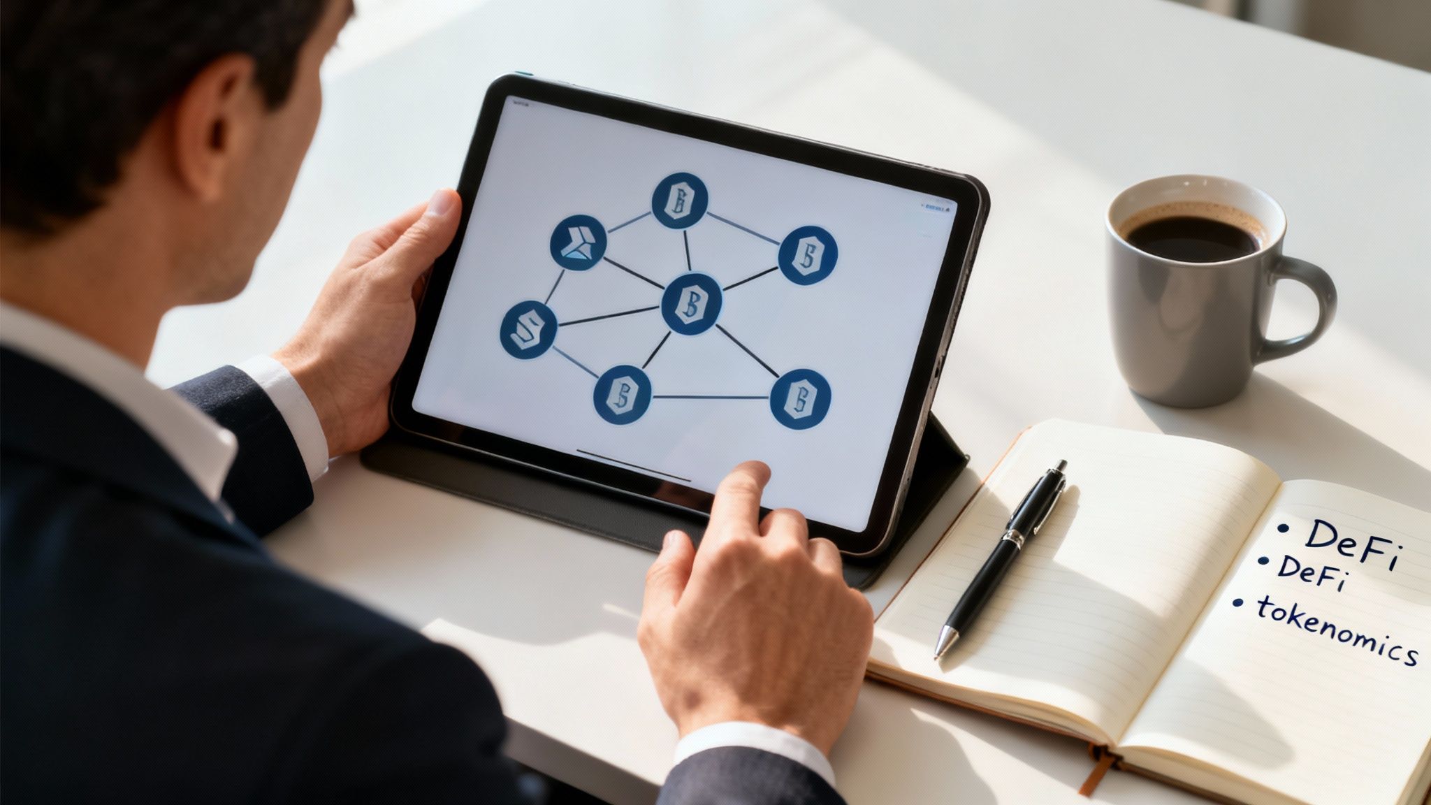 A man views a cryptocurrency network on a tablet while taking notes on DeFi and tokenomics.