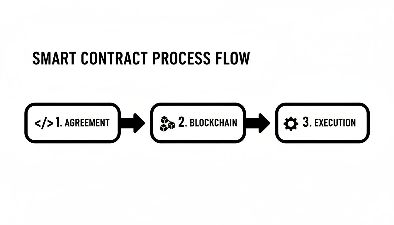 A diagram illustrating the smart contract process flow with three steps: agreement, blockchain, and execution.