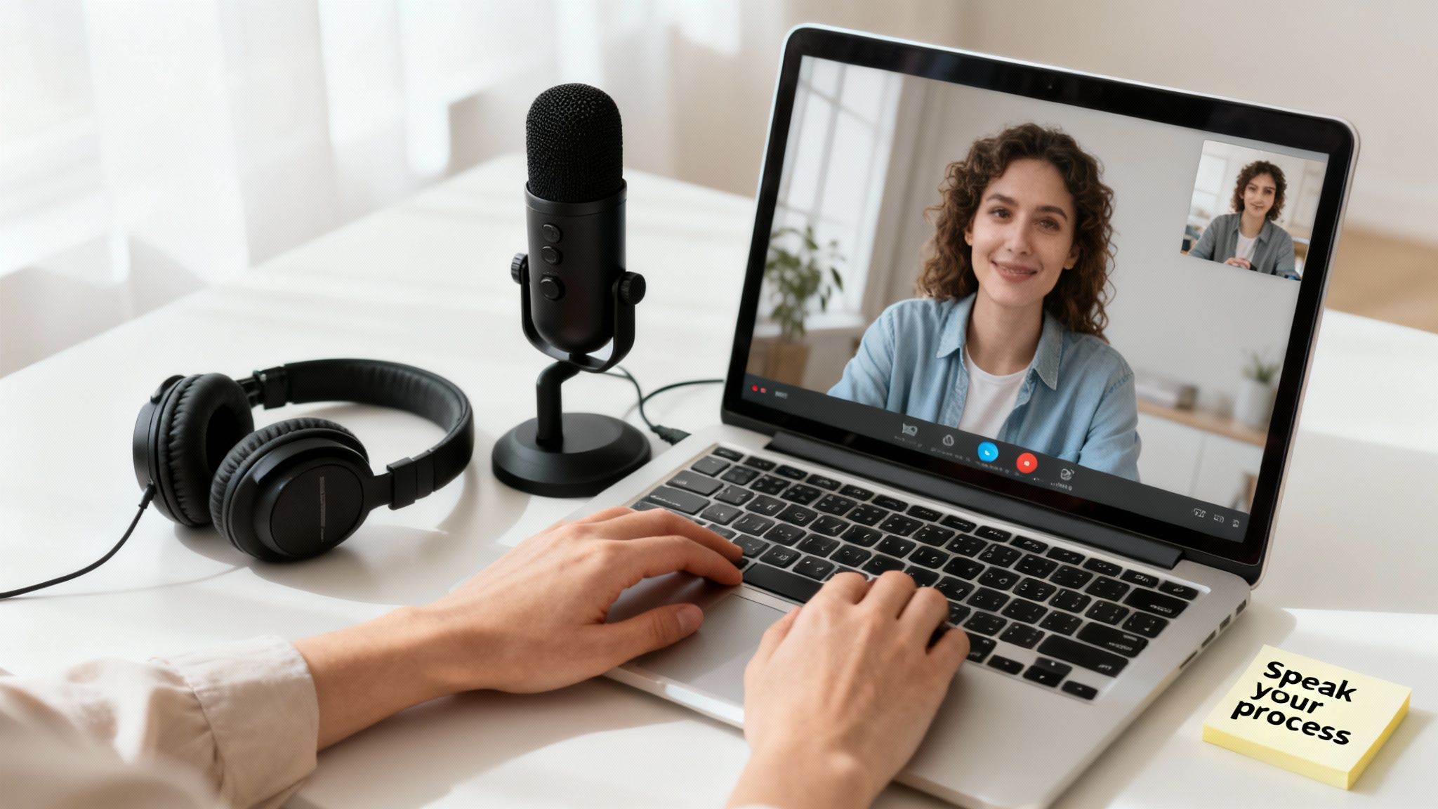 Person on a video call with a woman, using a laptop, microphone, and headphones for remote work.