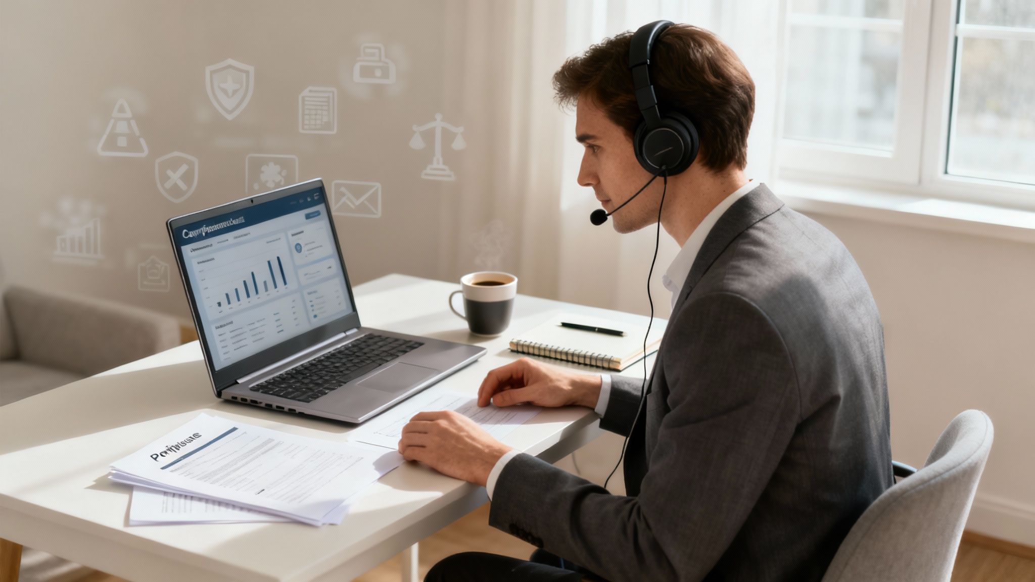 Compliance professional working remotely at a desk with multiple screens.