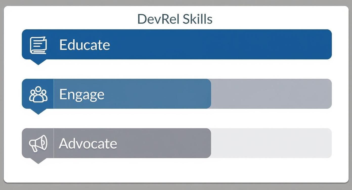 Infographic about developer relations jobs showing the three core skills Educate, Engage, and Advocate with corresponding icons.