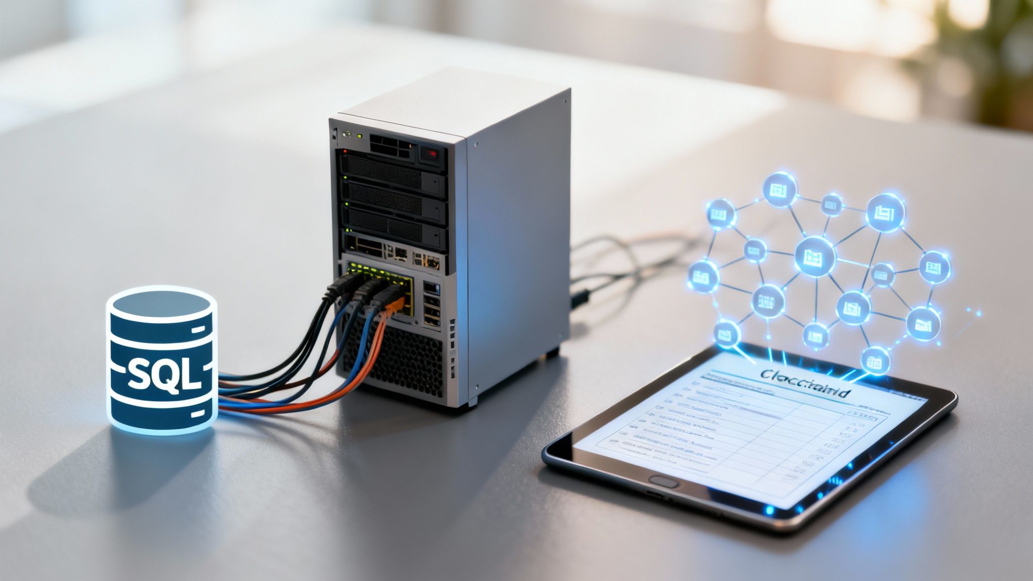 A server, glowing SQL database icon, and tablet visualizing a digital data network.