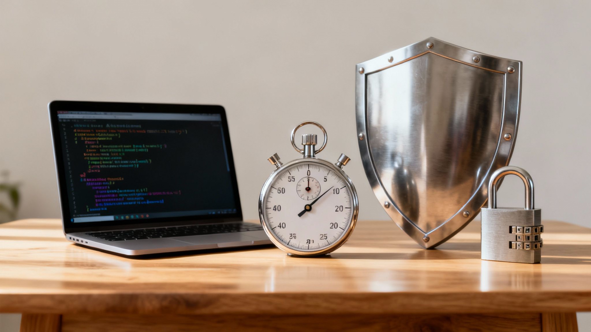 A laptop showing code, stopwatch, metal shield, and padlock on a table, symbolizing cybersecurity and development.