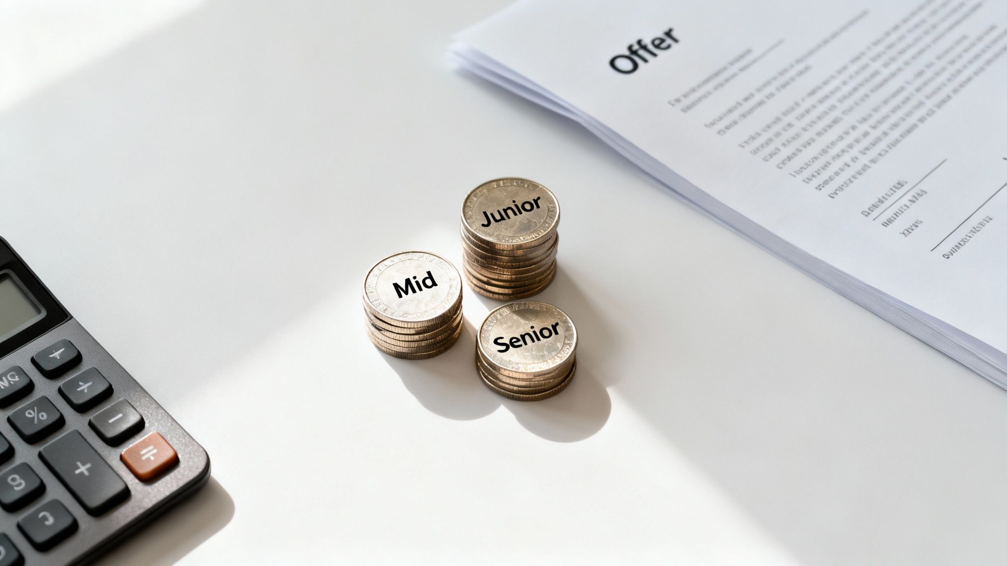 Coins stacked for Junior, Mid, Senior salaries next to a job offer document and a calculator.