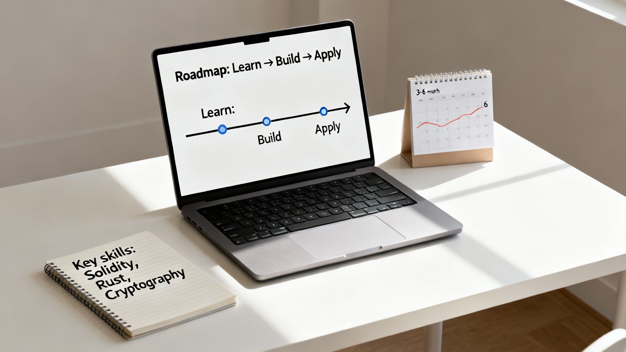 A laptop screen displays a blockchain developer roadmap: Learn, Build, Apply. A notebook lists key skills.