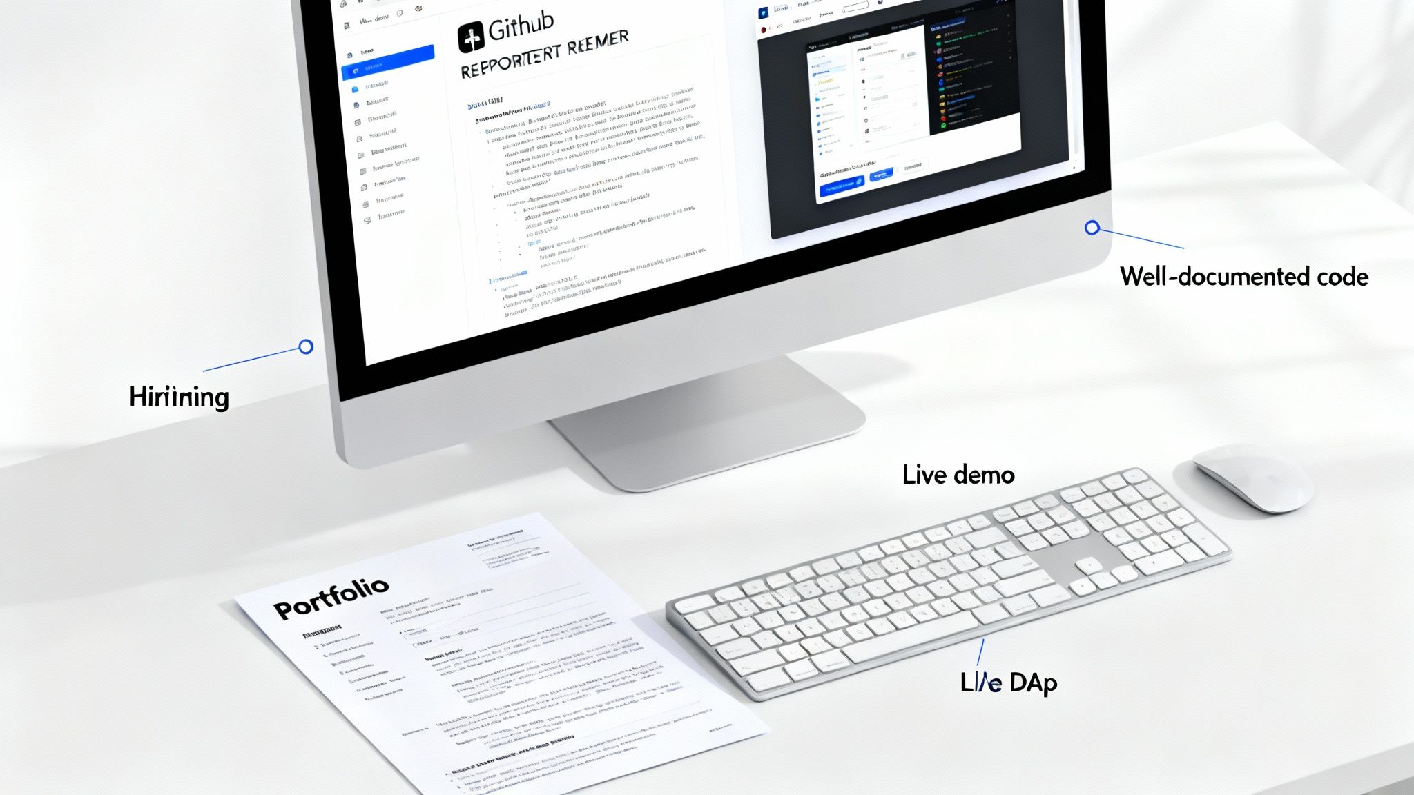 A professional developer's desk setup featuring a computer displaying code, a keyboard, and a portfolio document.