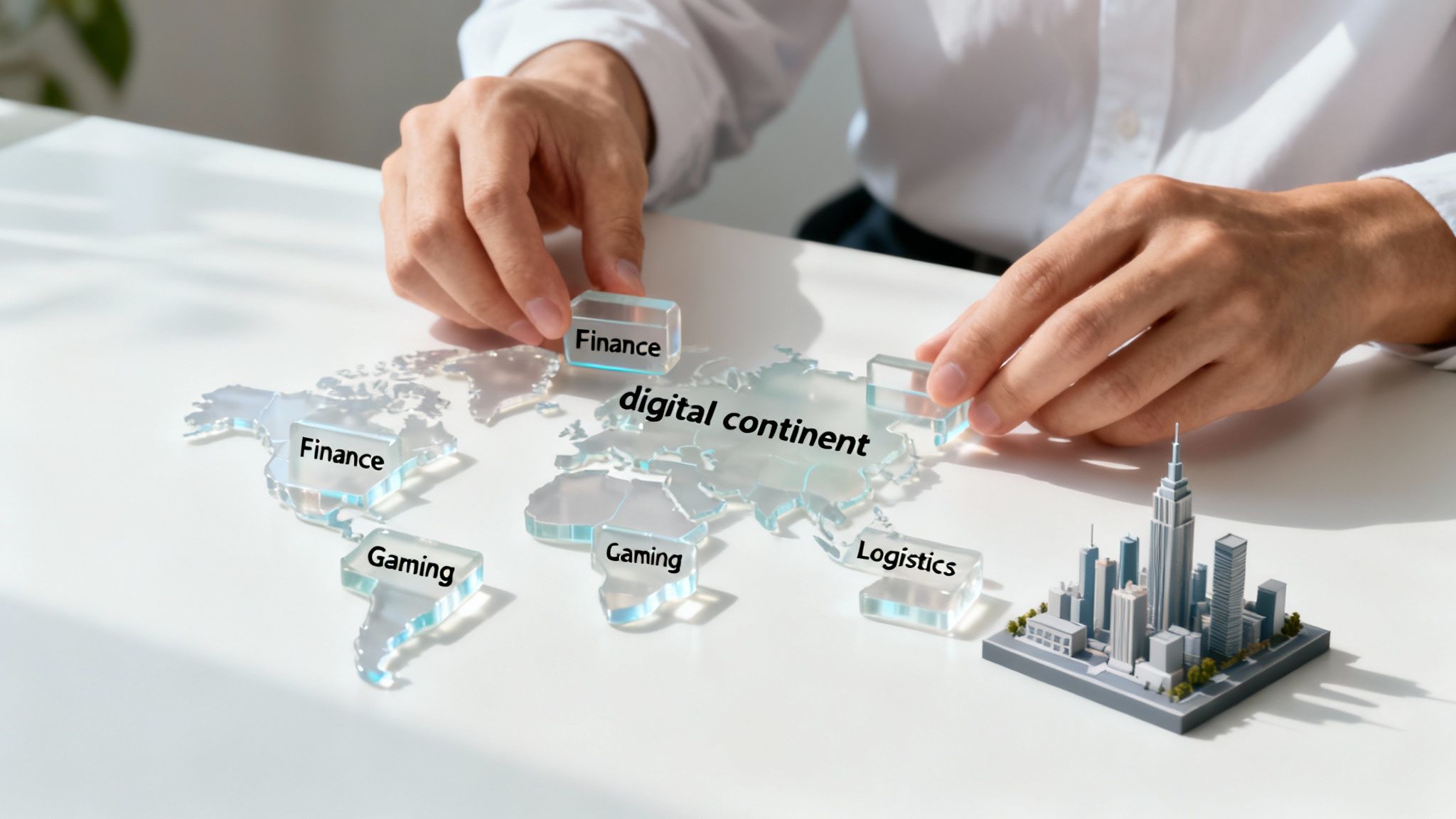 Business professional arranging labeled blocks showing finance, gaming, logistics, and digital continent on world map