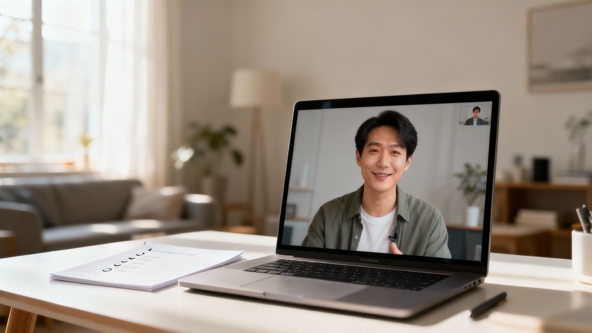 A person in a professional but casual setting, engaged in a video interview on their laptop, looking confident and prepared.