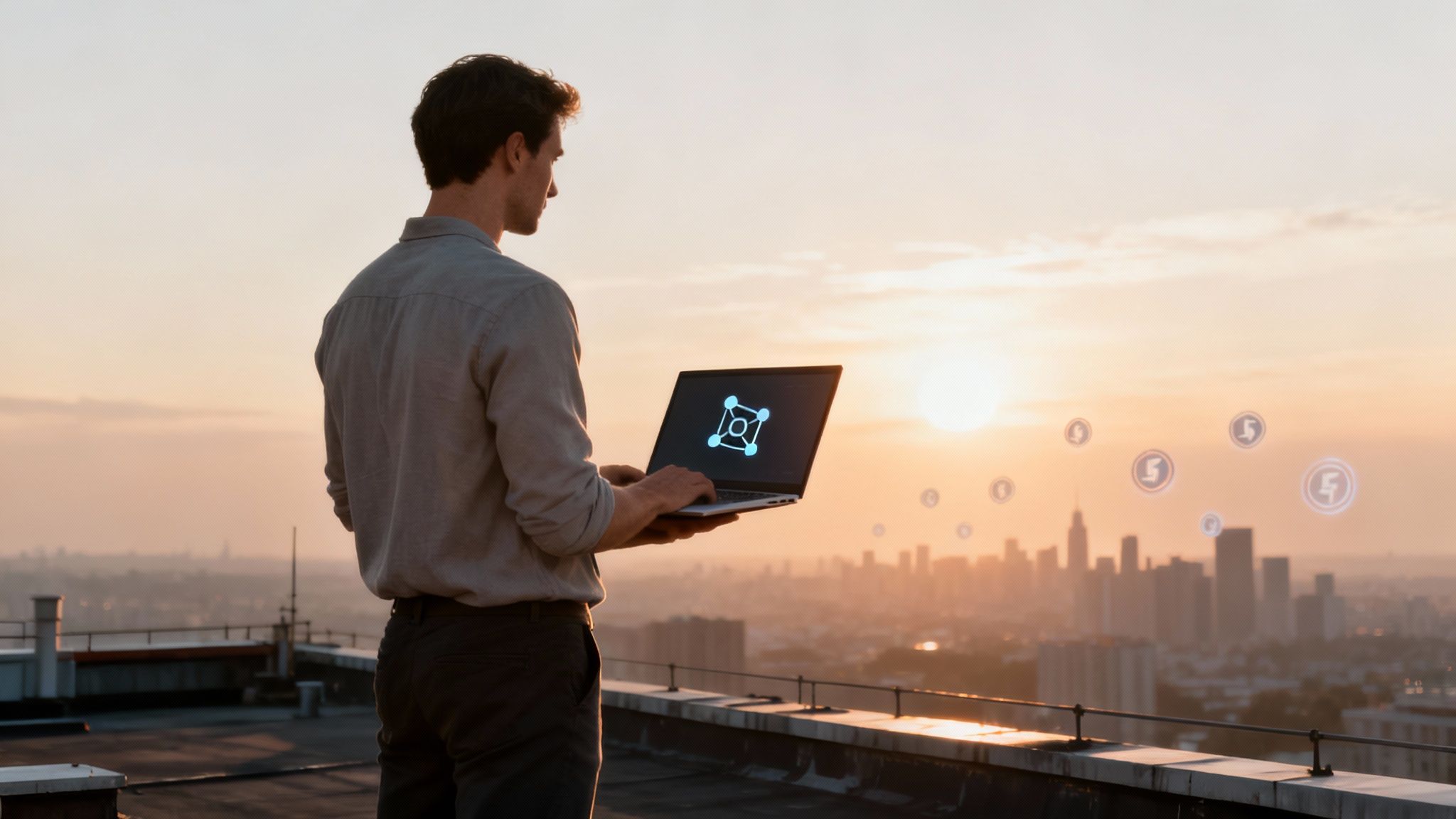 A man on a rooftop at sunset, working on a laptop displaying a decentralized network icon, overlooking a city skyline with floating digital currency symbols.