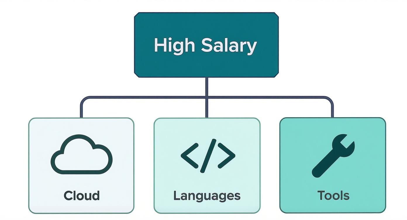 A flowchart showing 'High Salary' connected to 'Cloud', 'Languages', and 'Tools' as contributing factors.