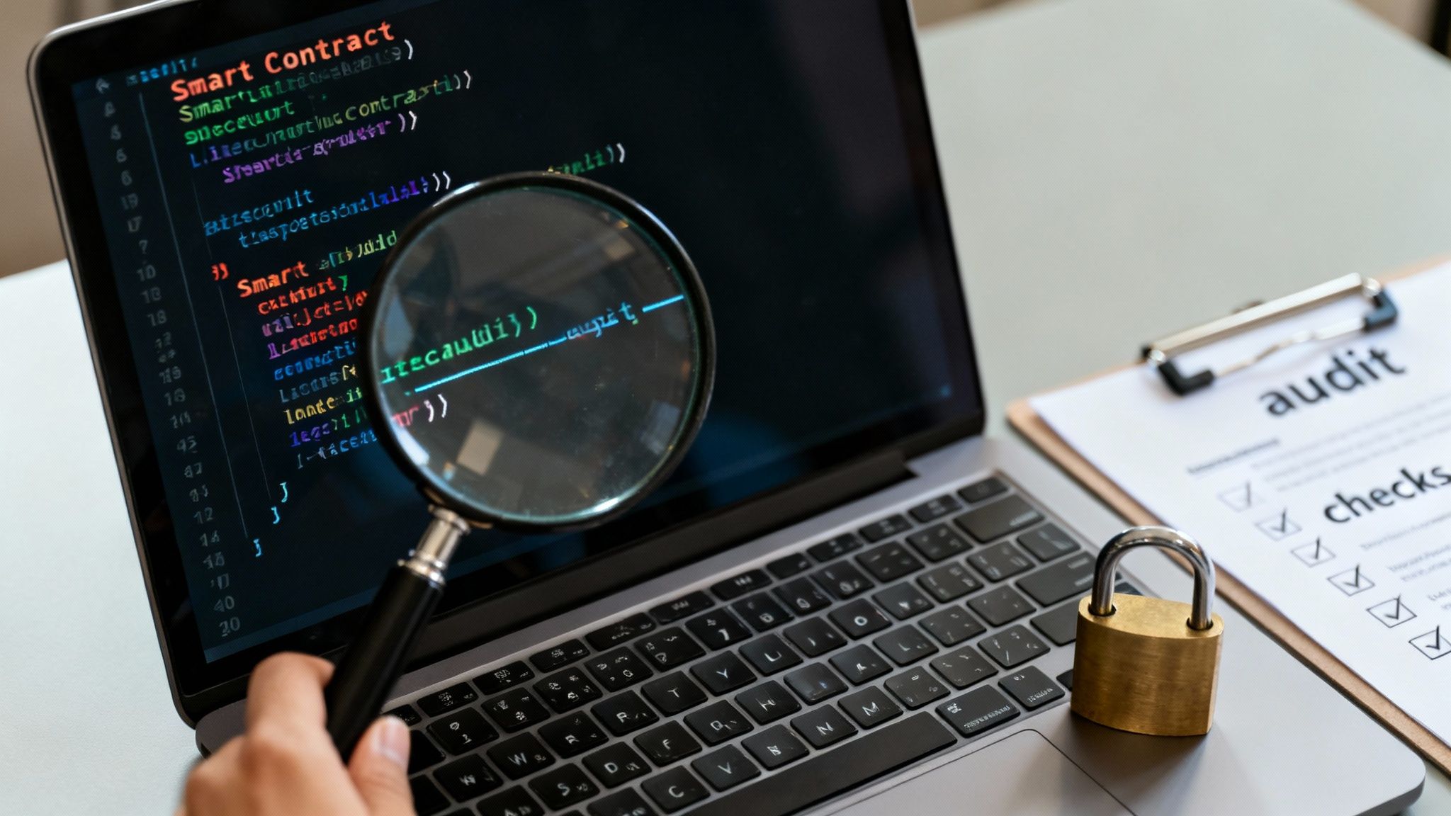 A hand auditing smart contract code on a laptop with a magnifying glass, checklist, and padlock.