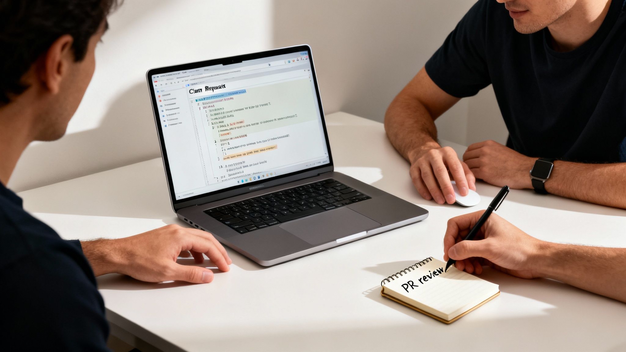 Two developers collaborate on a laptop, reviewing code, while one takes notes on a 'PR review' pad.