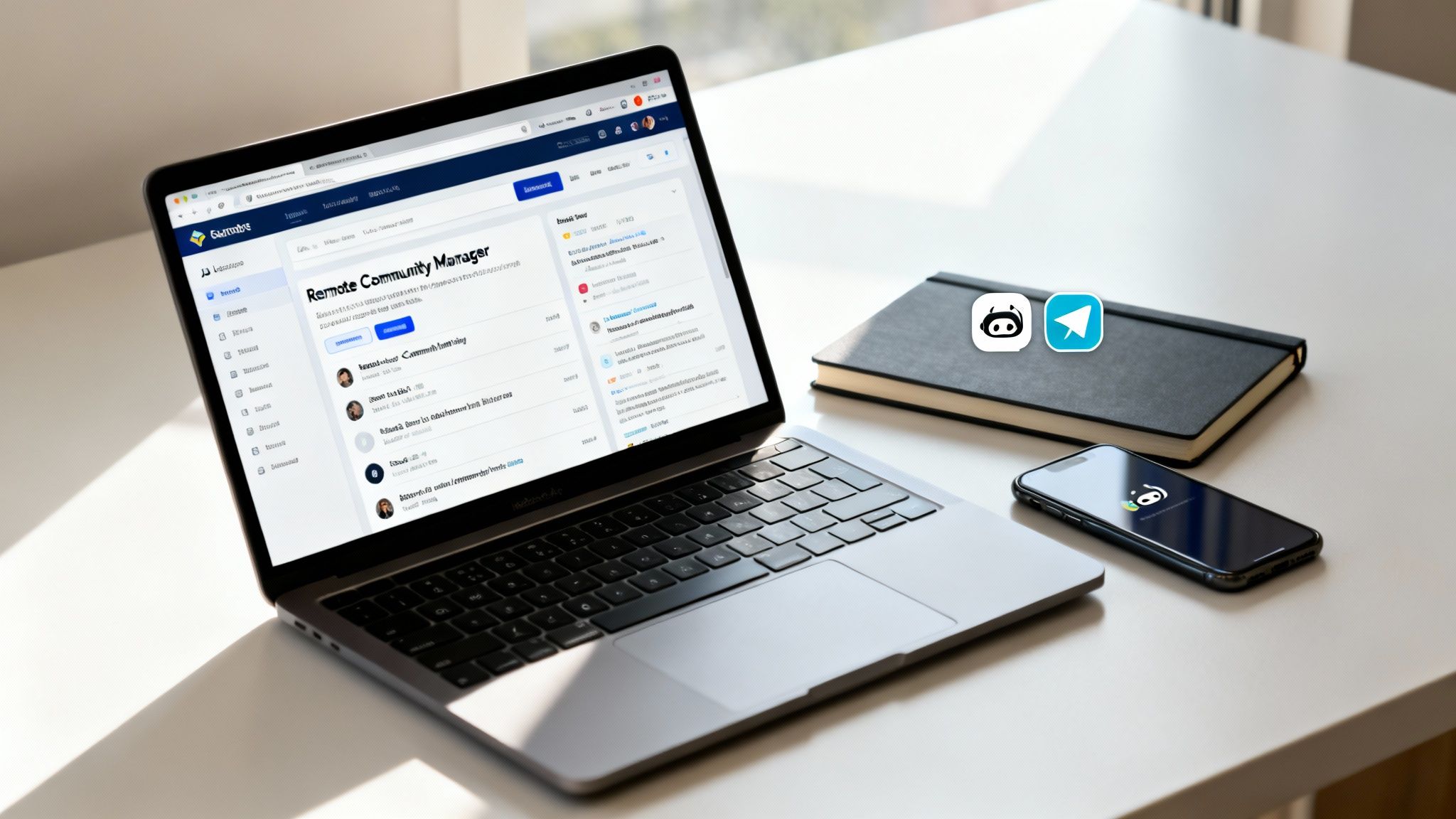 A laptop displaying a remote community manager job board, a smartphone, and a notebook on a desk.