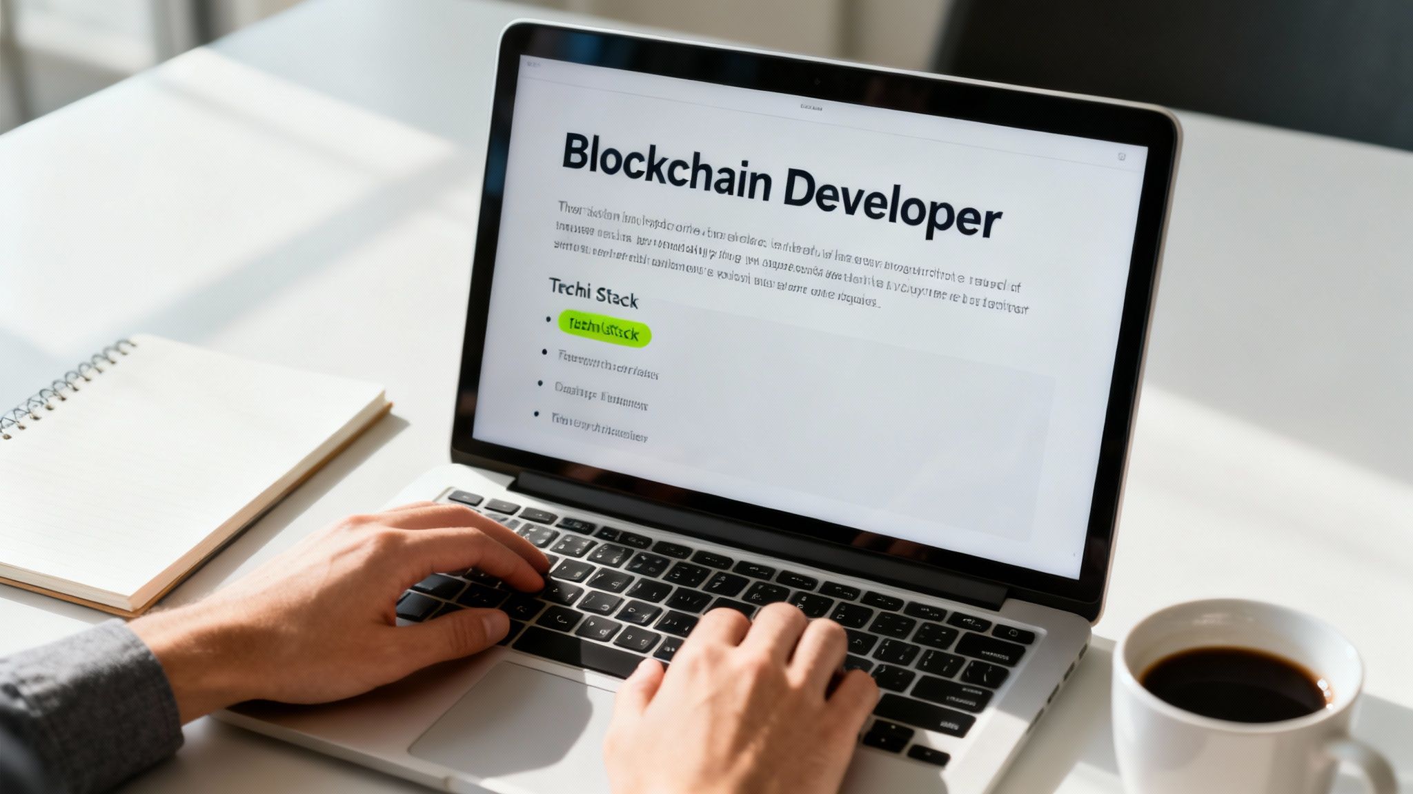 Person typing on a laptop displaying a 'Blockchain Developer' job description and tech stack.