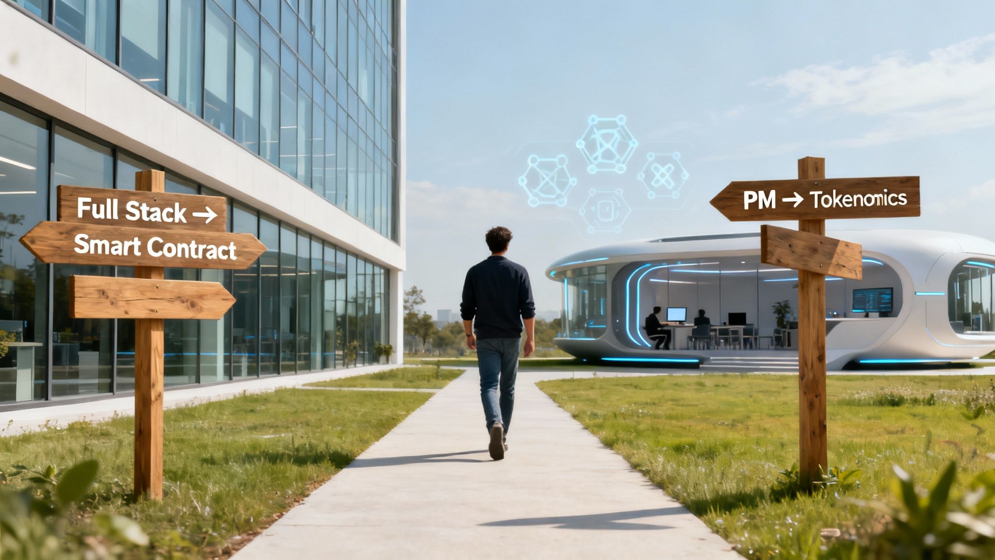 A man walks towards modern buildings, with wooden signs pointing to "Full Stack", "Smart Contract", and "Tokenomics" career paths.