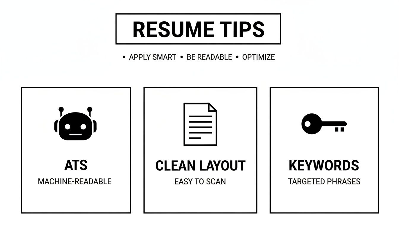 An infographic outlining resume tips for ATS, clean layout, and targeted keywords for job applications.