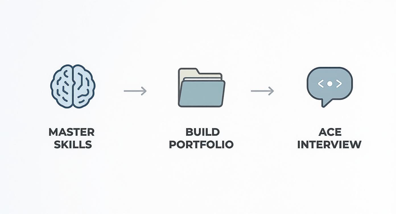 Visualizing the three-step career path: master skills (brain), build portfolio (folder), and ace the interview (code chat icon).