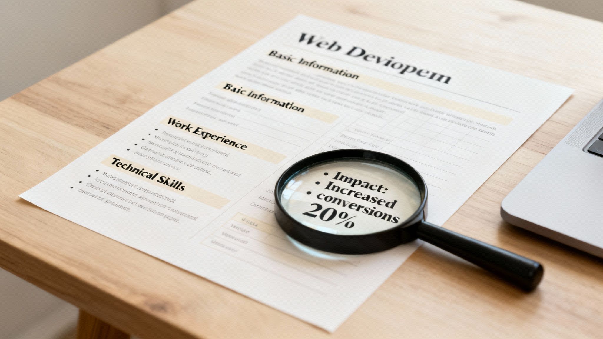 Web developer resume on a wooden desk with a magnifying glass highlighting a 20% conversion increase.