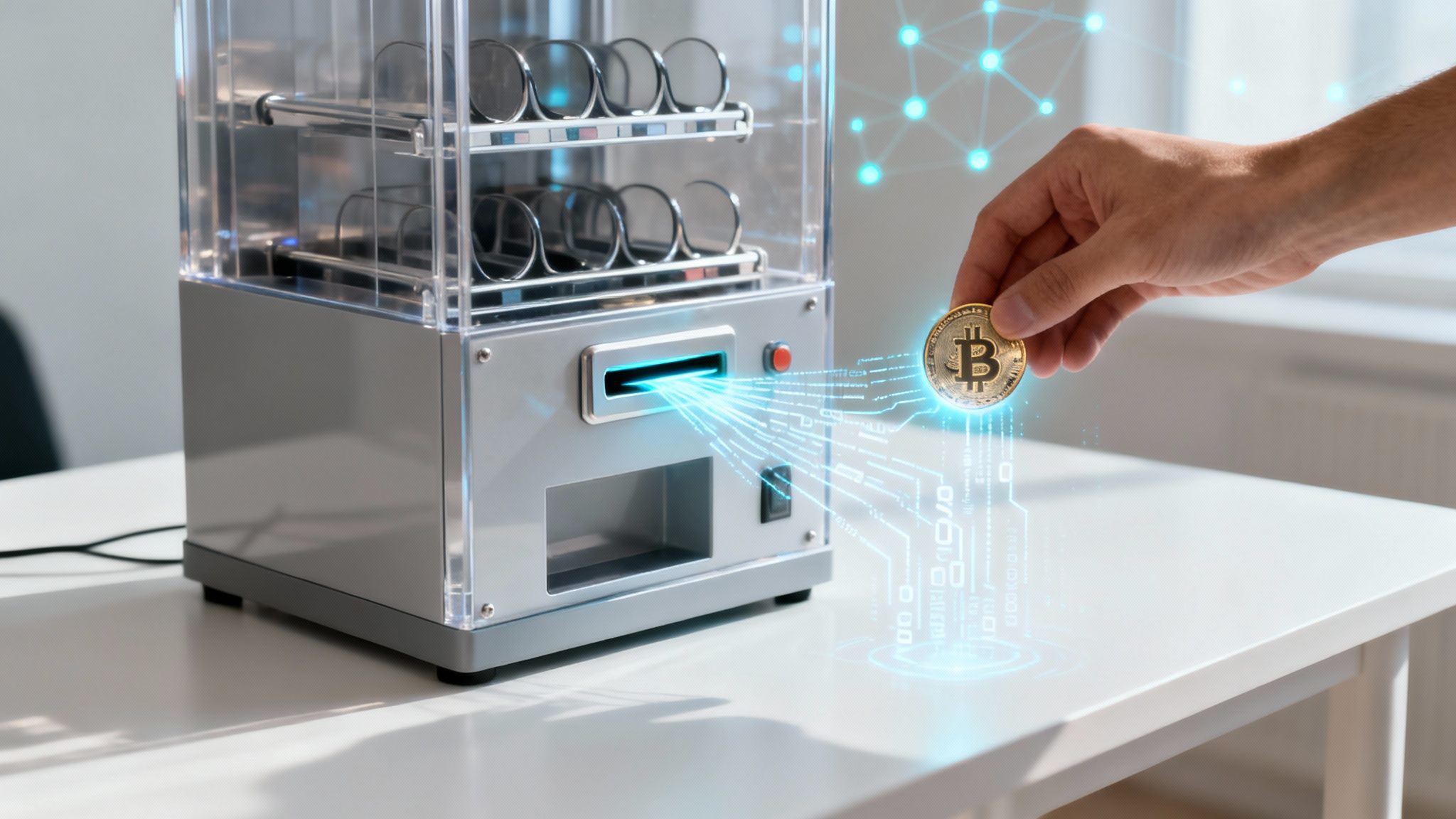 A hand places a Bitcoin into a futuristic machine, symbolizing cryptocurrency and smart contracts.
