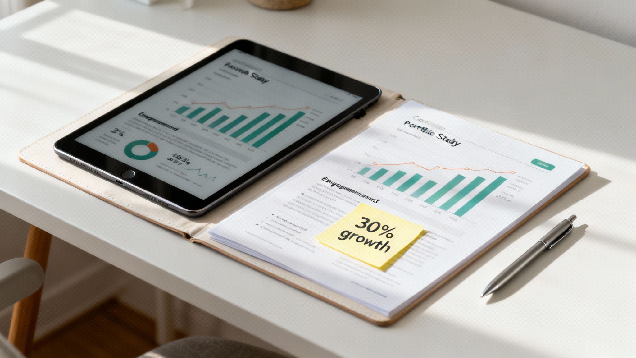A person's hands are shown meticulously arranging printed screenshots and graphs on a wooden table, representing the creation of a professional portfolio.