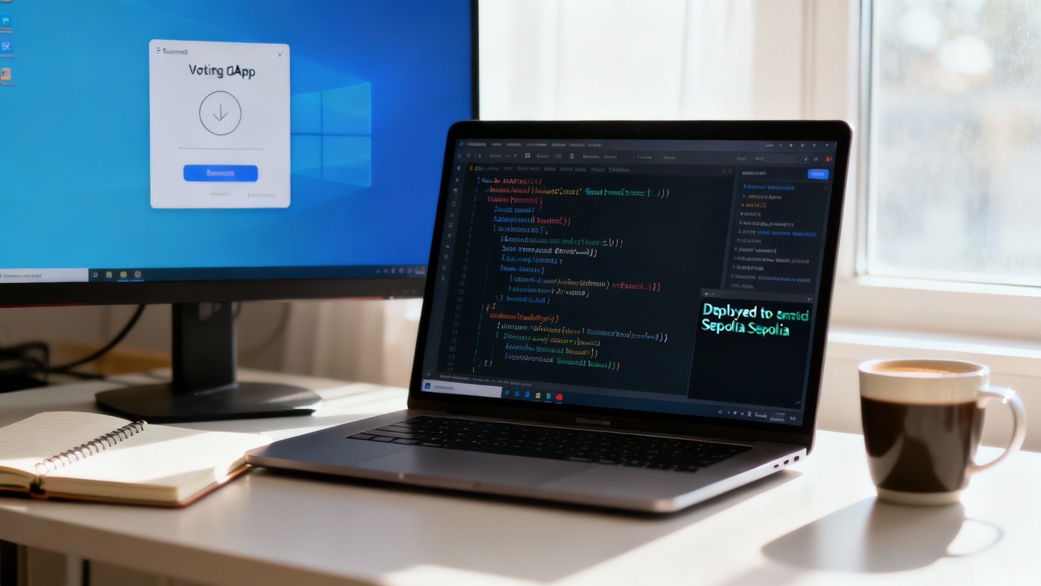 A developer's desk with a laptop displaying code for a DApp, a monitor showing a voting application, and a coffee mug.