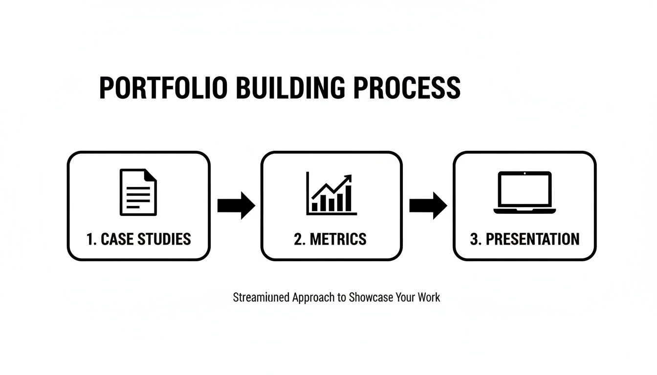 A diagram outlining a three-step portfolio building process: Case Studies, Metrics, and Presentation.