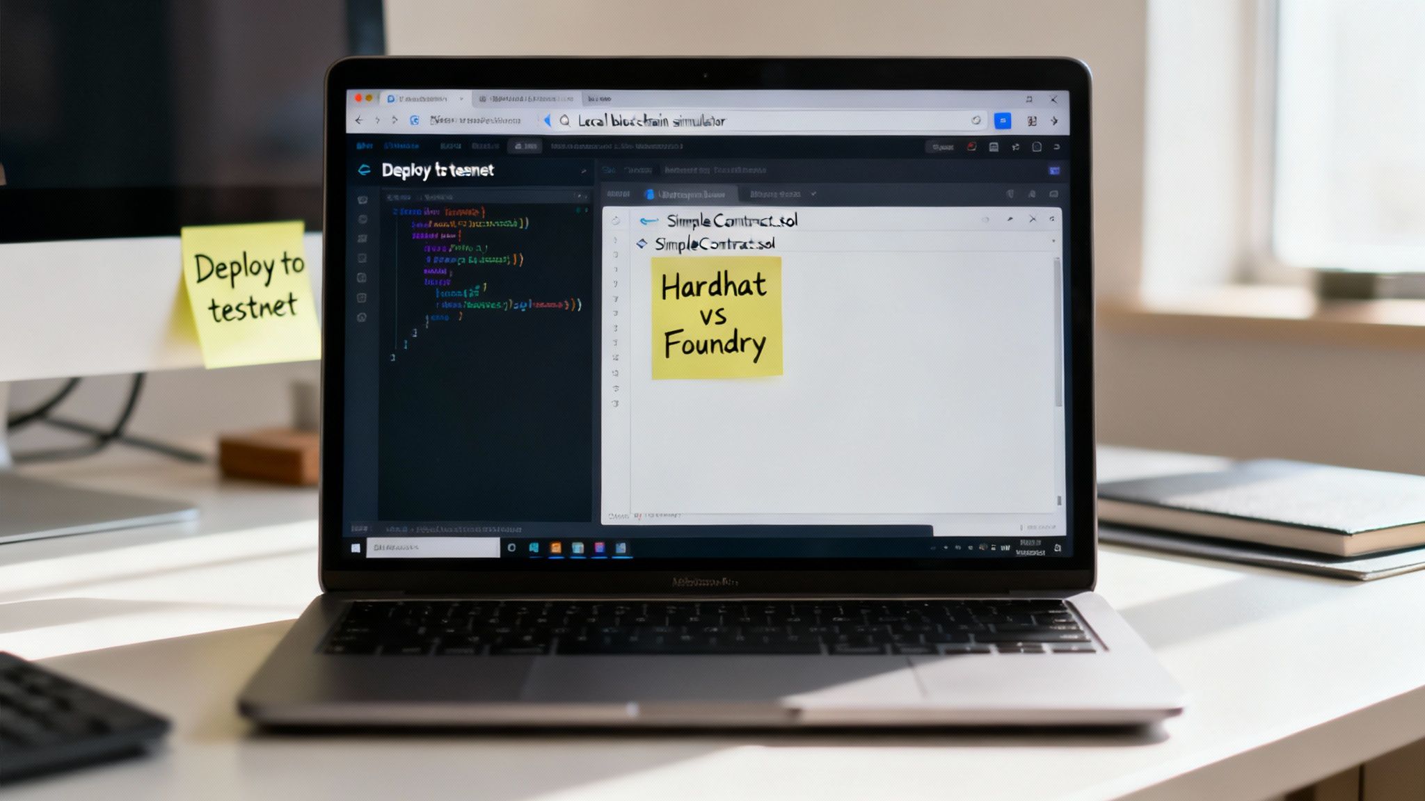 A laptop displaying blockchain development code and sticky notes, one comparing Hardhat vs Foundry.