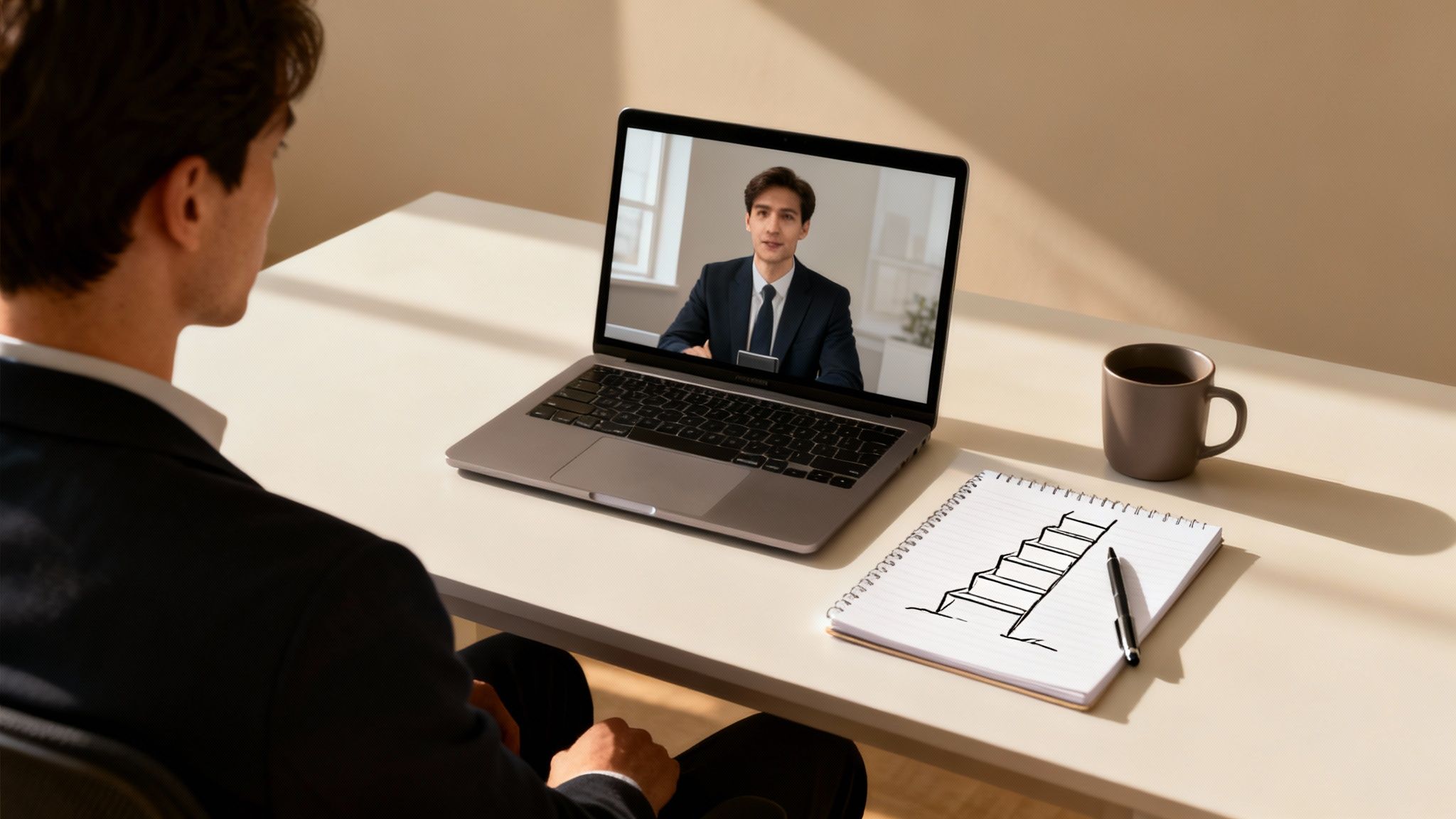 A man in a suit participates in a remote job interview via laptop, with a career drawing.