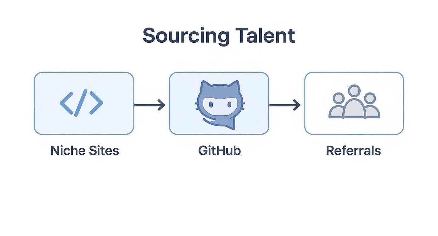 Three-step talent sourcing process: niche job sites, GitHub recruitment, and employee referrals workflow diagram
