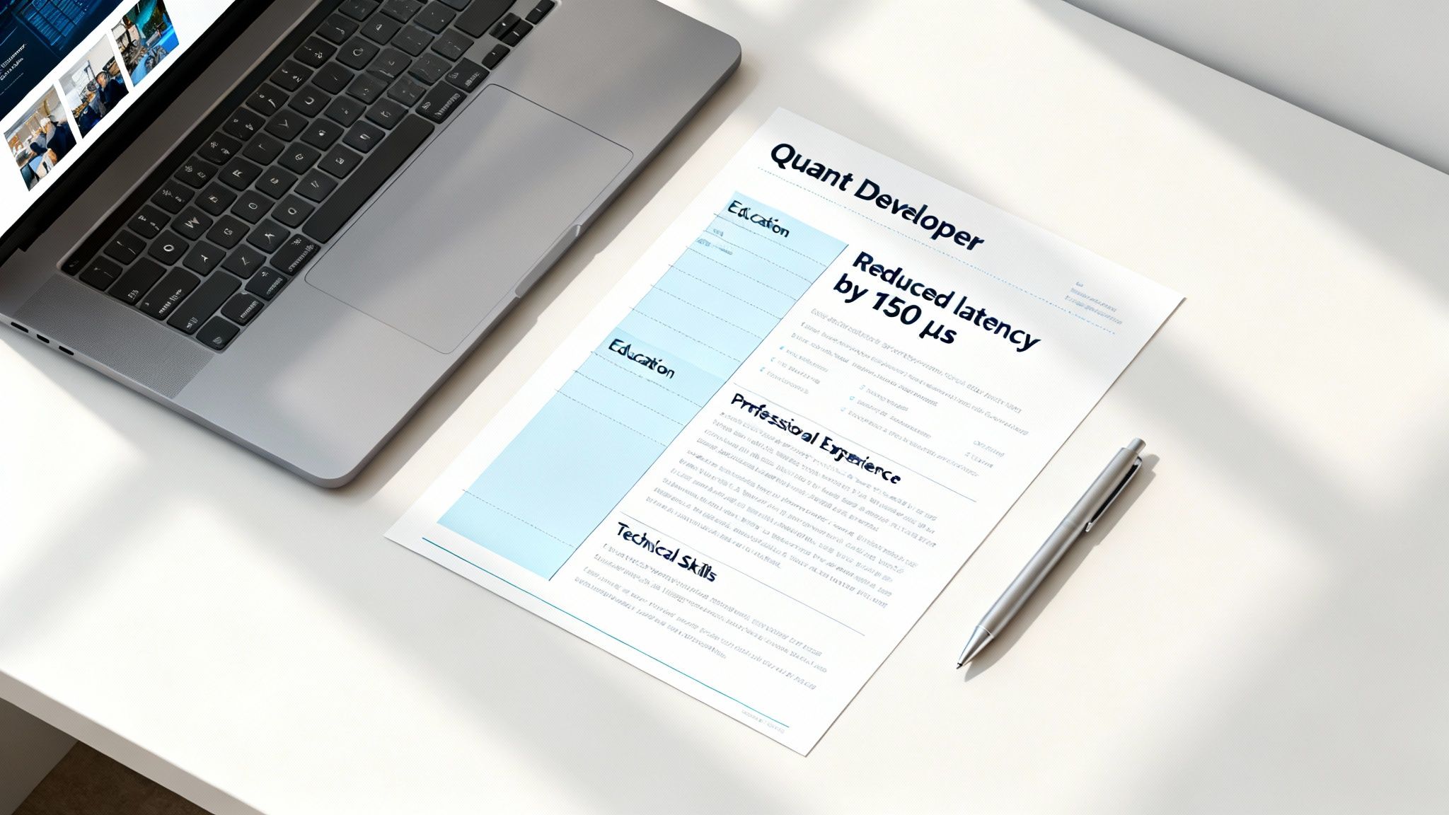 Quant developer resume on desk showing reduced latency achievement with laptop and pen