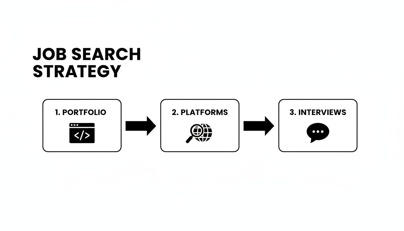 A job search strategy flowchart outlining three steps: portfolio, platforms, and interviews with relevant icons.